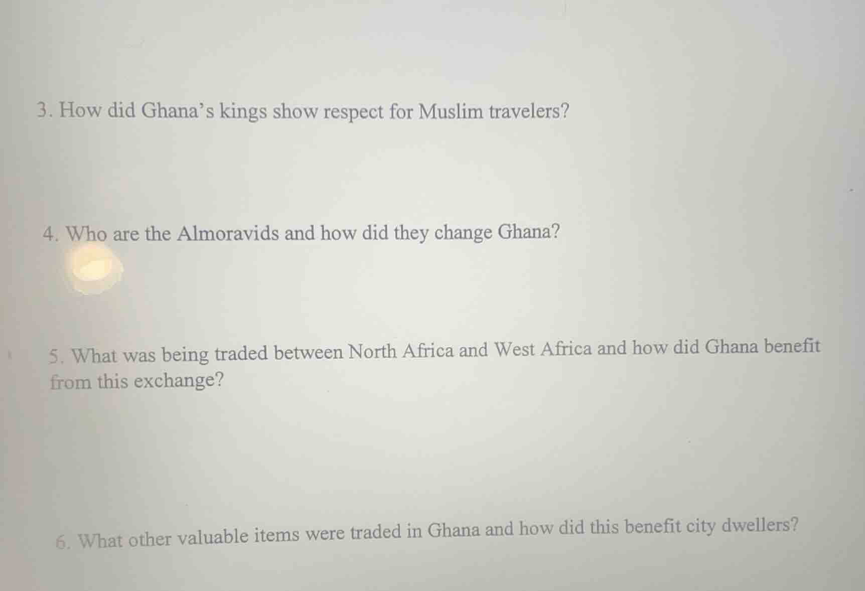 3. how did ghana’s kings show respect for muslim travelers? 4. who are …
