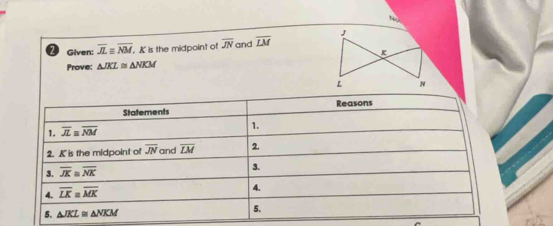 2 given: \\(\\overline{jl} \\cong \\overline{nm}\\), \\(k\\) is the mid…