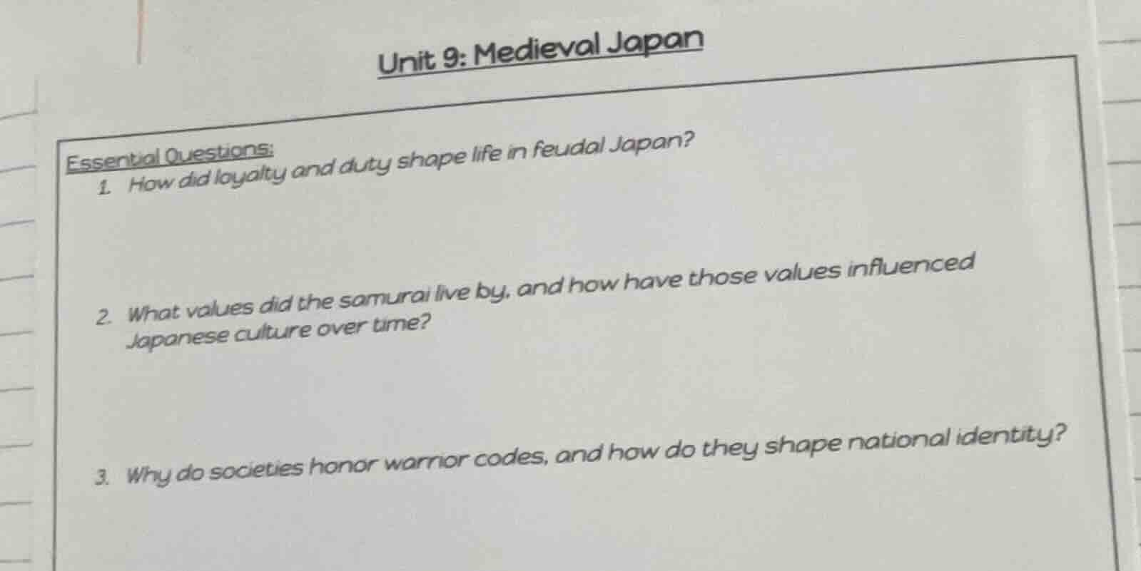 unit 9: medieval japan essential questions: 1. how did loyalty and duty…