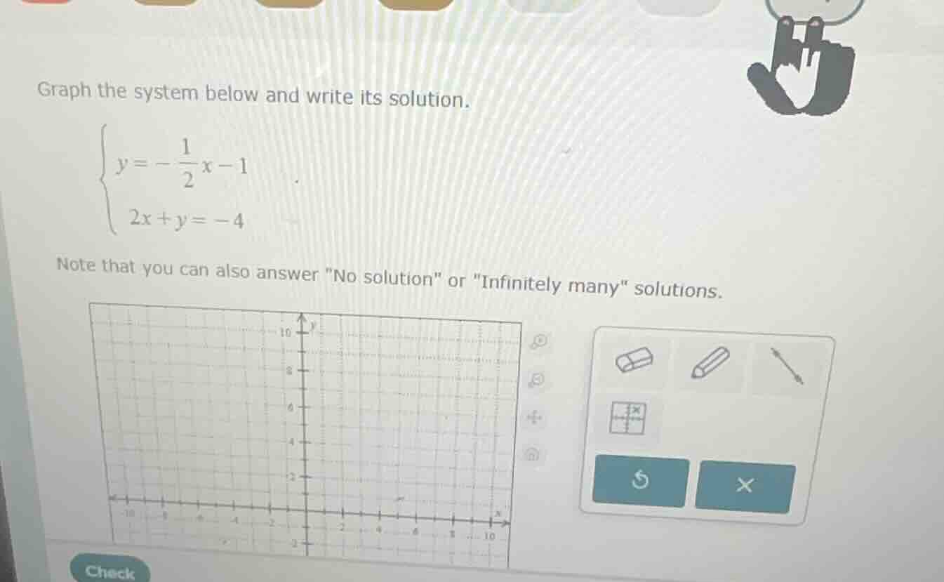 graph the system below and write its solution.\\begin{cases}y = -\\dfra…