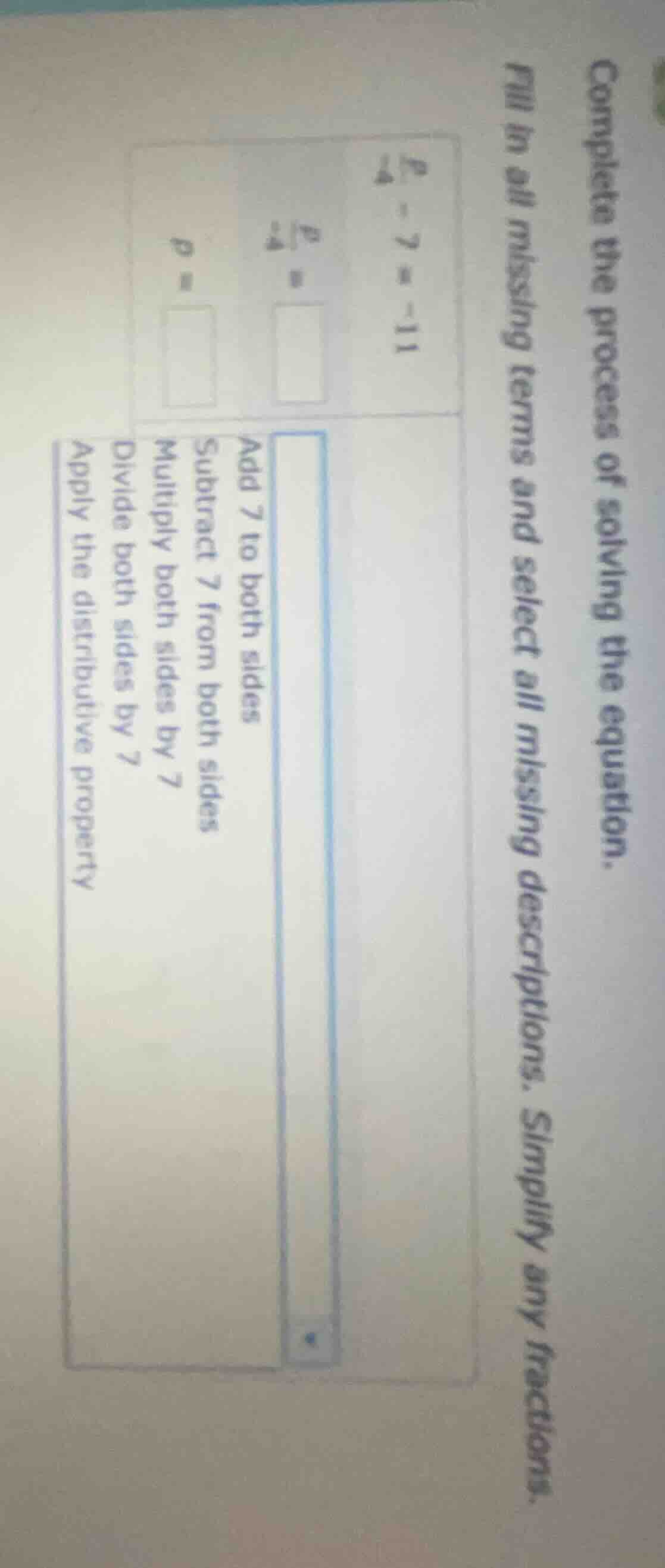 complete the process of solving the equation. fill in all missing terms…