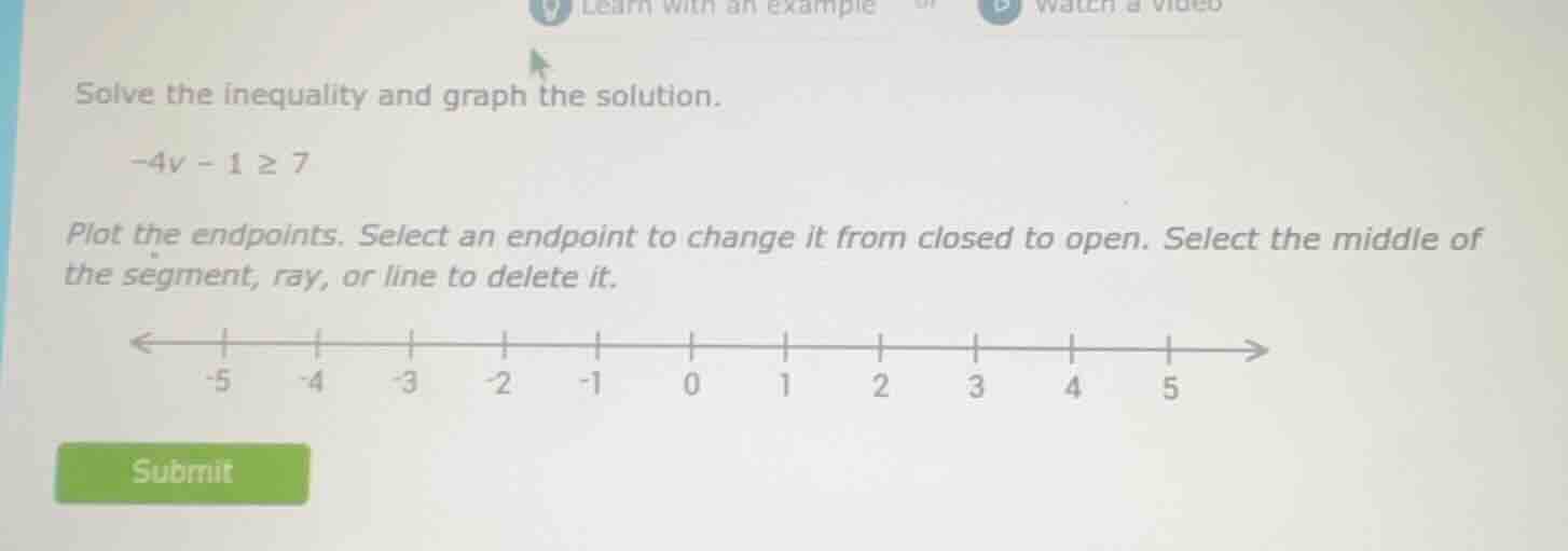 solve the inequality and graph the solution. -4v - 1 ≥ 7 plot the endpo…