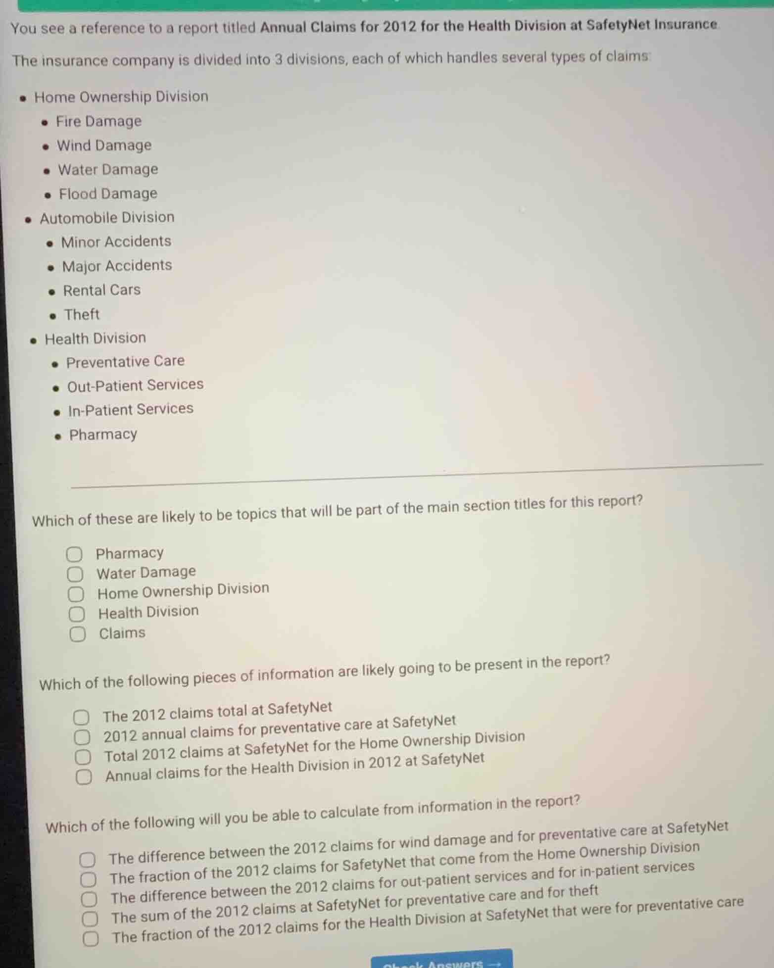 you see a reference to a report titled annual claims for 2012 for the h…