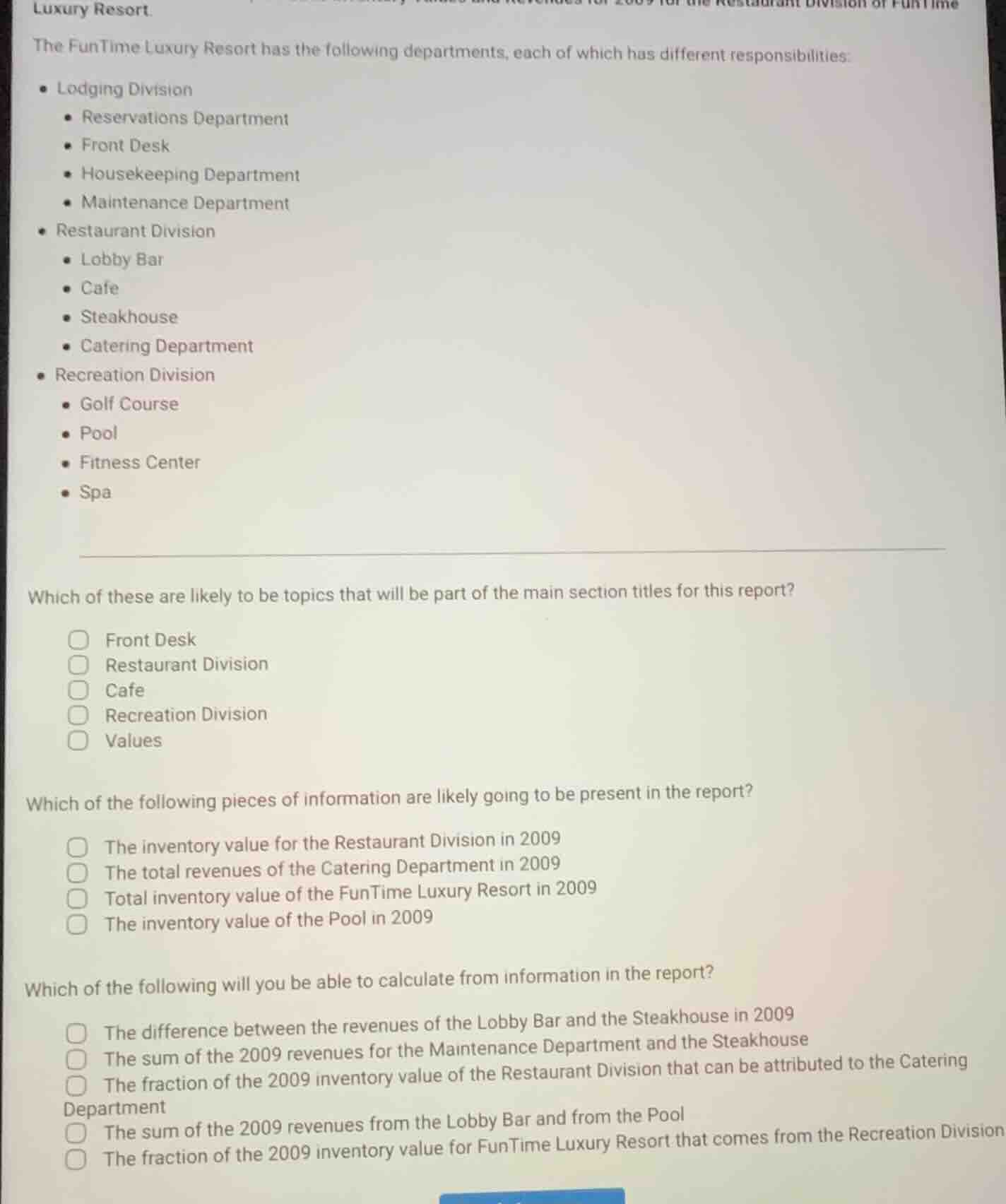 luxury resort. the funtime luxury resort has the following departments,…