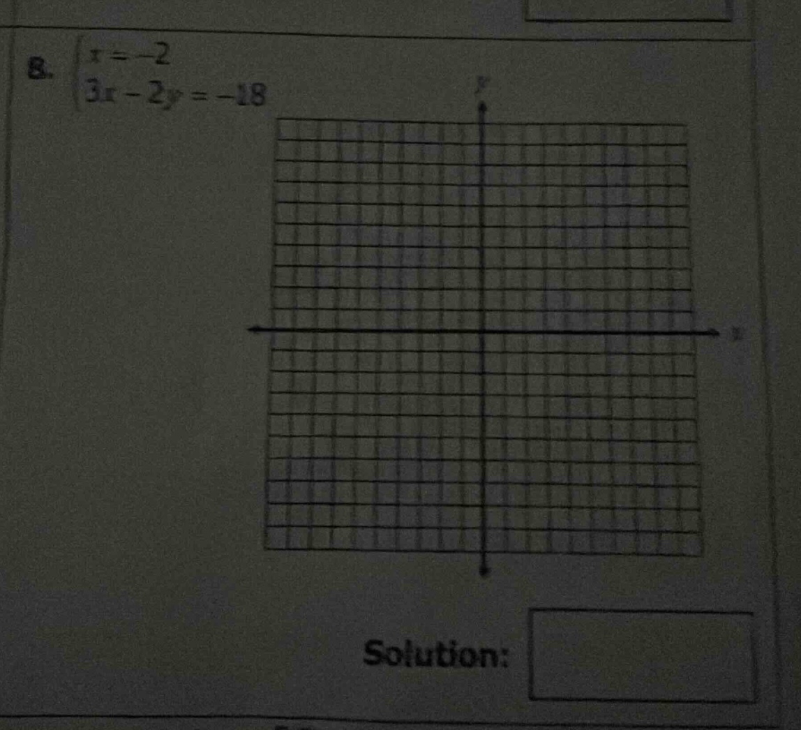 8. \\begin{cases} x = -2 \\\\ 3x - 2y = -18 \\end{cases} solution: