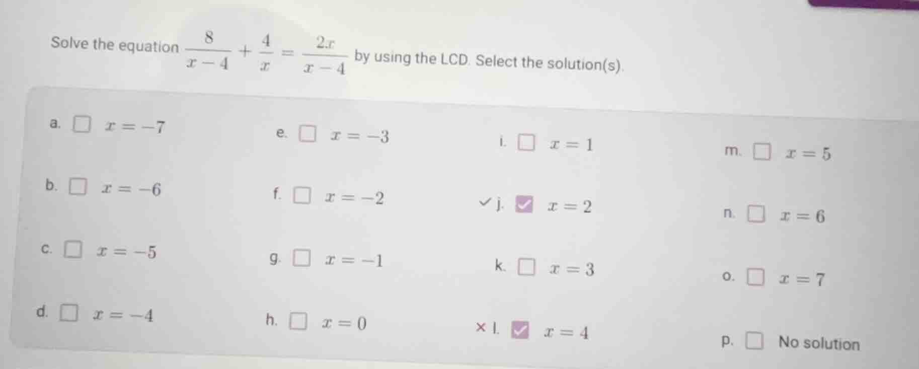 solve the equation \\(\frac{8}{x - 4} + \frac{4}{x} = \frac{2x}{x - 4}\…