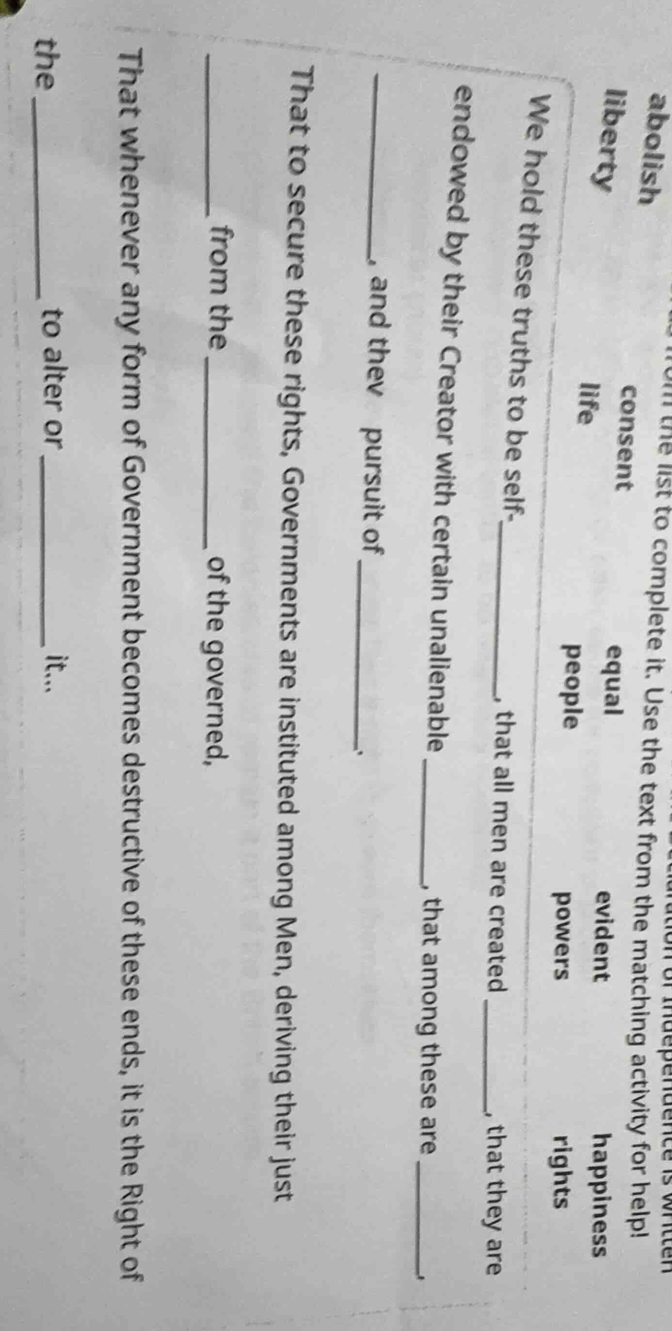 we hold these truths to be self-____, that all men are created ____, th…