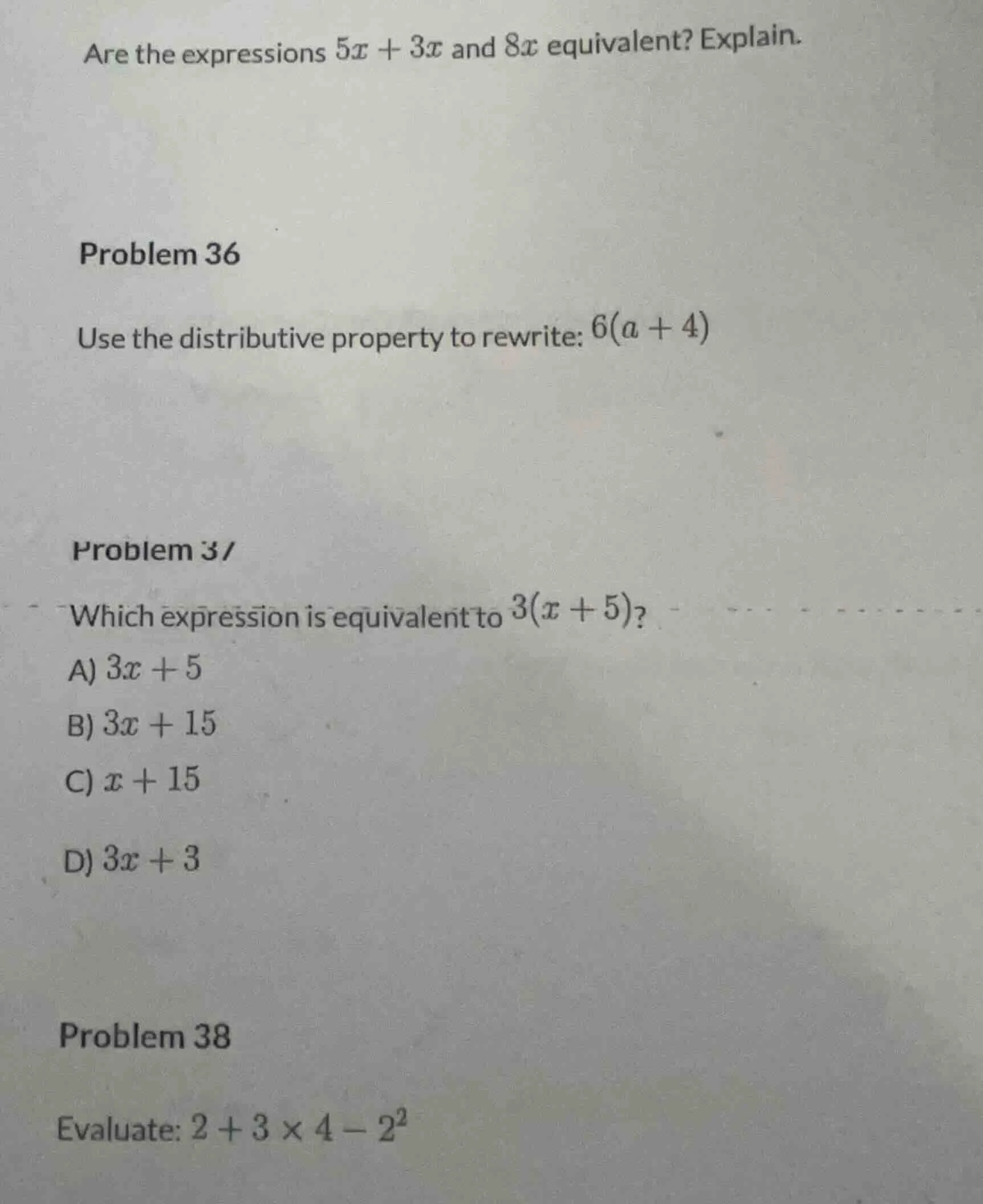 are the expressions $5x + 3x$ and $8x$ equivalent? explain. problem 36 …