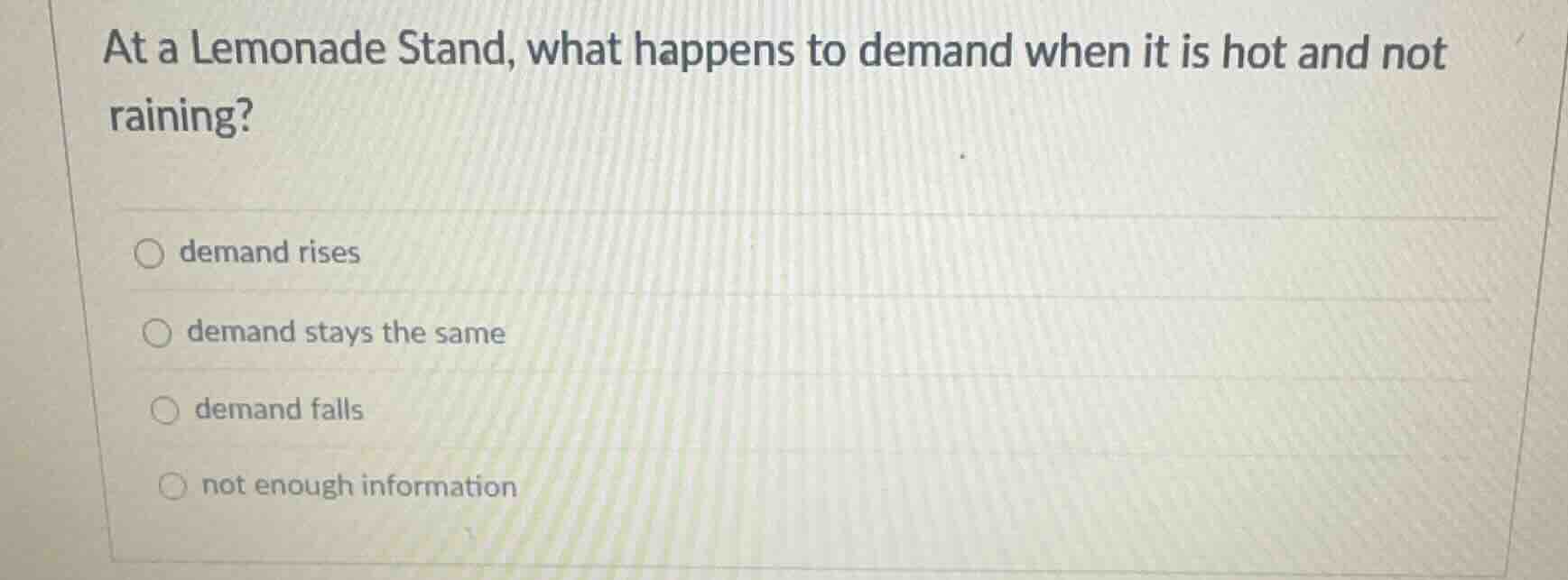 at a lemonade stand, what happens to demand when it is hot and not rain…