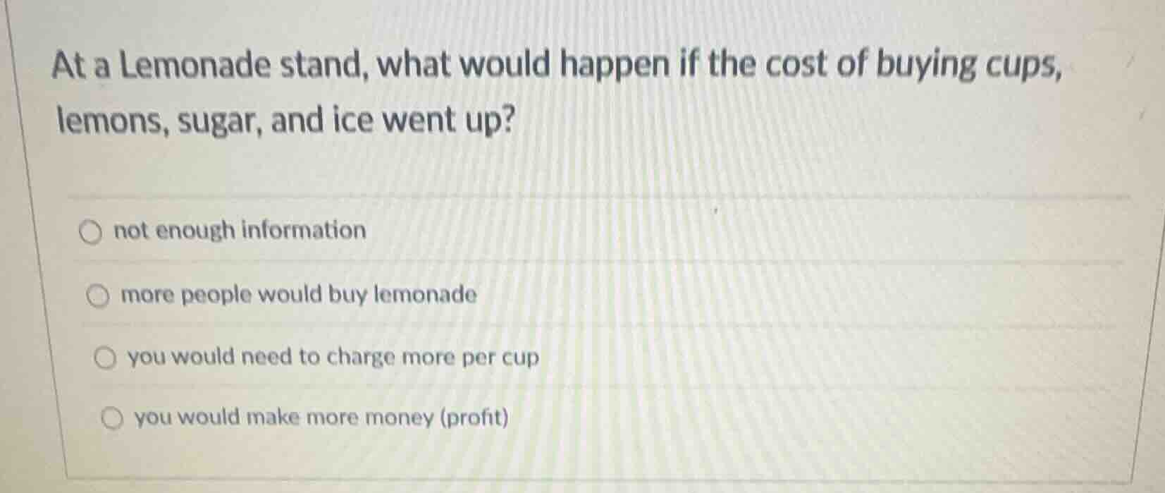 at a lemonade stand, what would happen if the cost of buying cups, lemo…