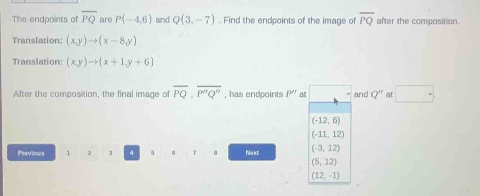 the endpoints of \\(\\overline{pq}\\) are \\(p(-4,6)\\) and \\(q(3,-7)\…