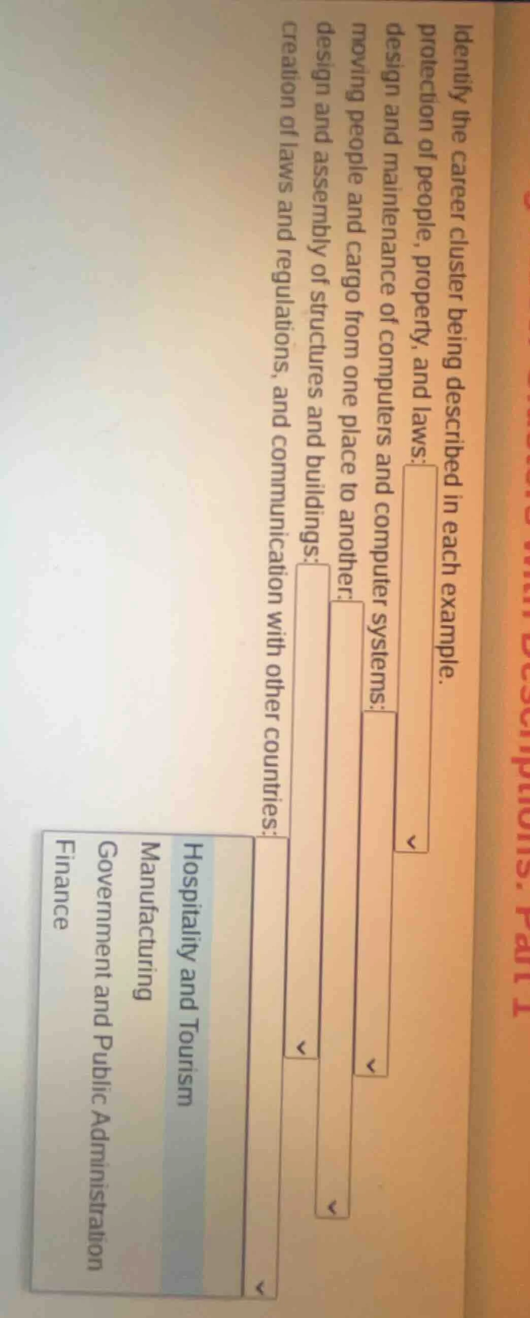 identify the career cluster being described in each example. protection…