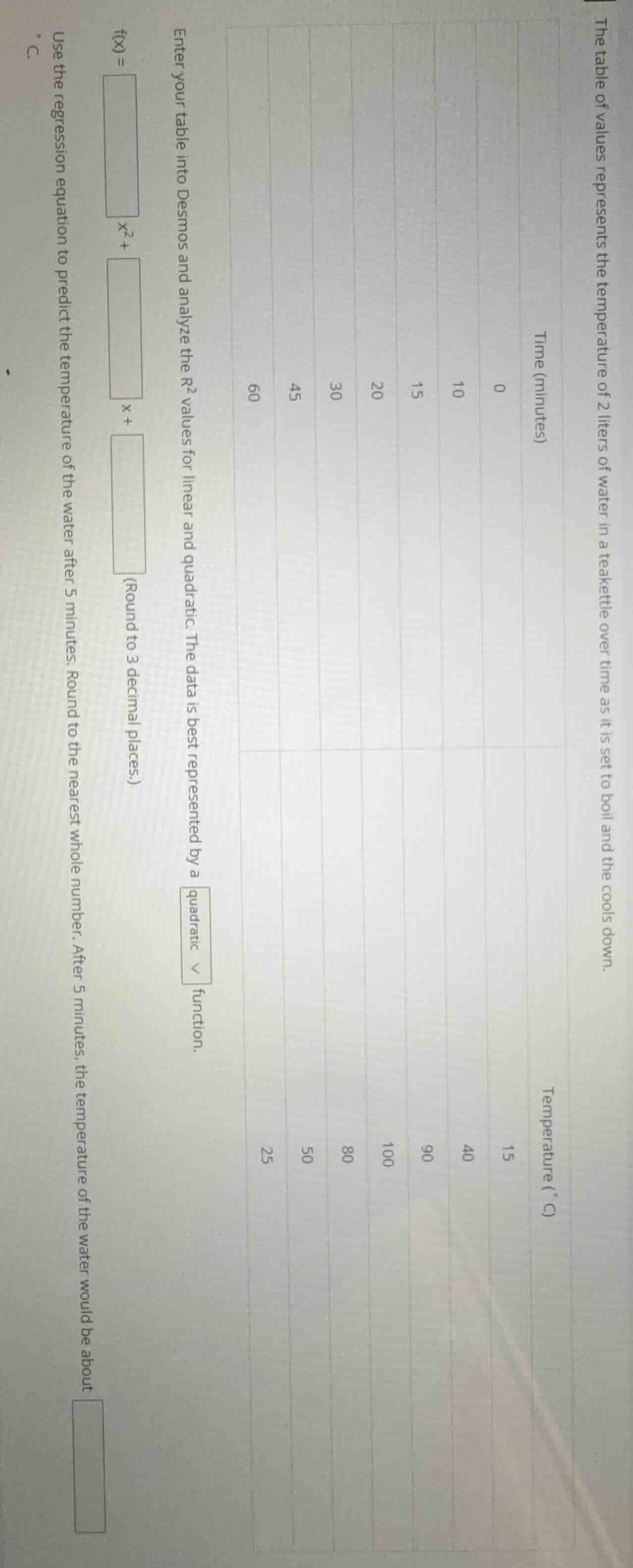 the table of values represents the temperature of 2 liters of water in …