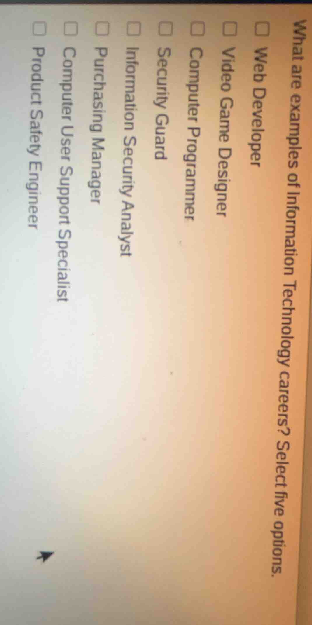 what are examples of information technology careers? select five option…