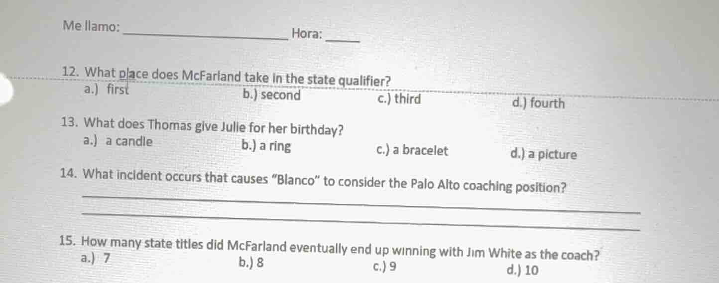 me llamo: _______________ hora: ____ 12. what place does mcfarland take…