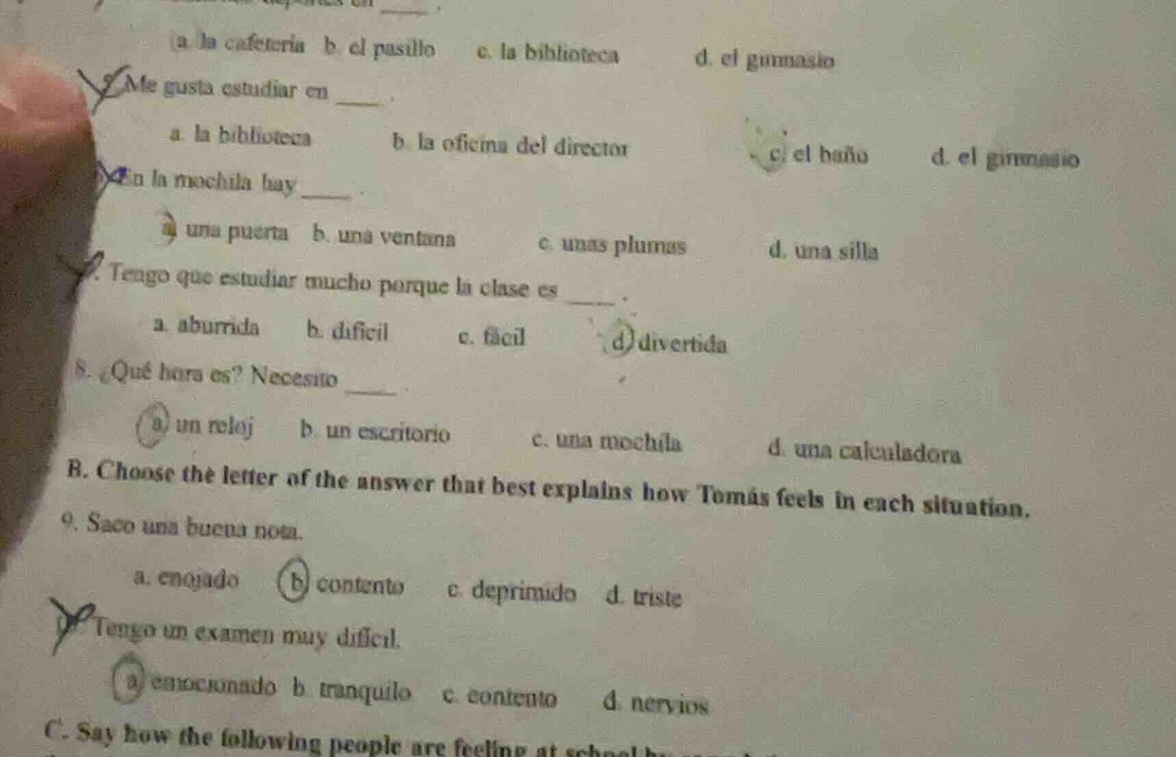 a. la cafetería b. el pasillo c. la biblioteca d. el gimnasio 2. me gus…