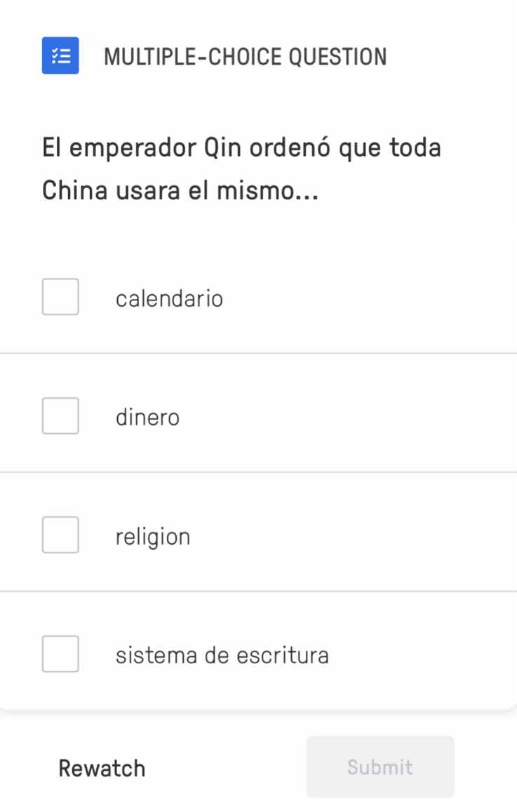 multiple-choice question el emperador qin ordenó que toda china usara e…