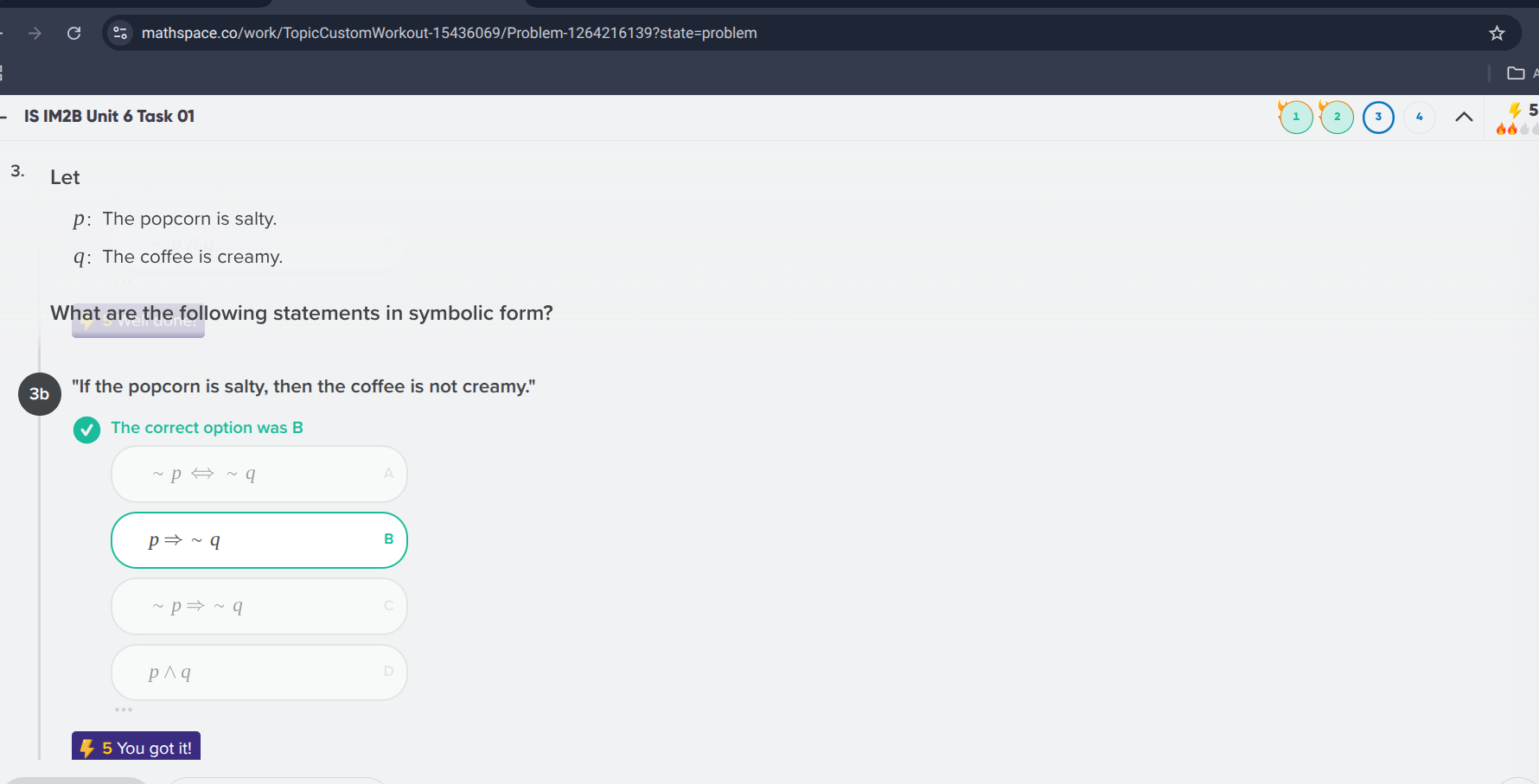 3. let p: the popcorn is salty. q: the coffee is creamy. what are the f…