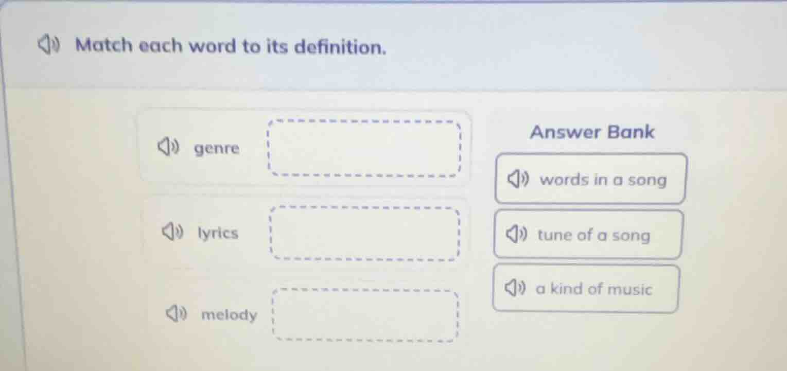 match each word to its definition. genre lyrics melody answer bank word…