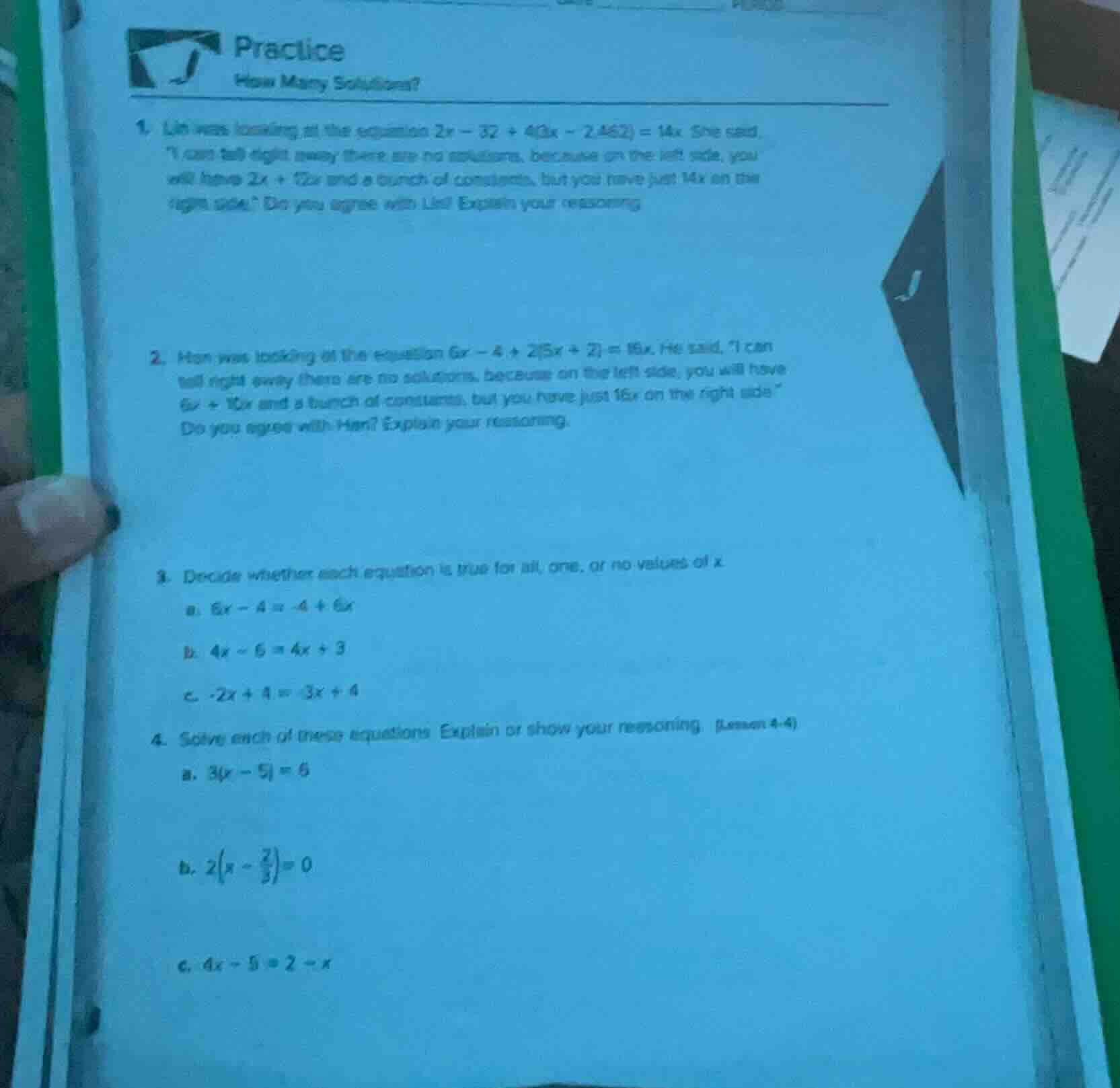 practice how many solutions? 1. lin was looking at the equation (2x - 3…