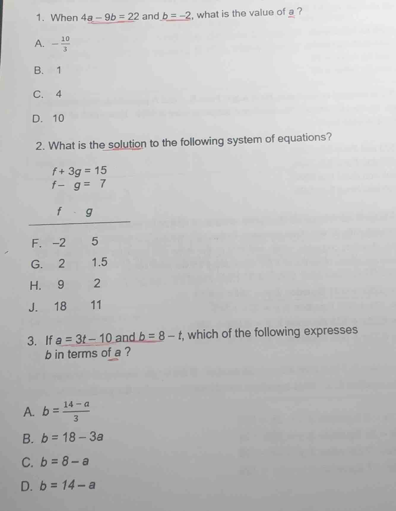 1. when 4a - 9b = 22 and b = -2, what is the value of a? a. $-\frac{10}…