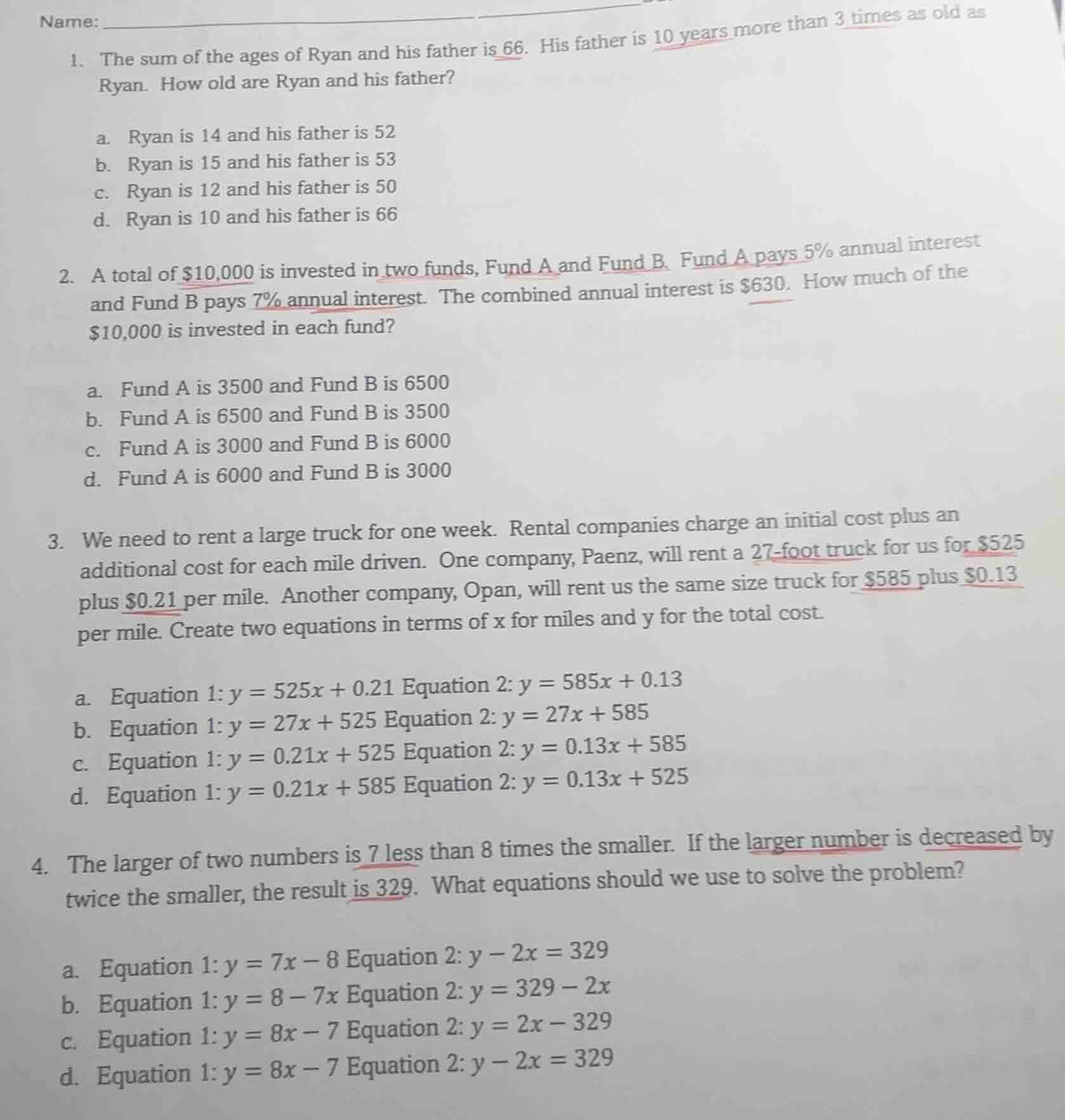 name: 1. the sum of the ages of ryan and his father is 66. his father i…