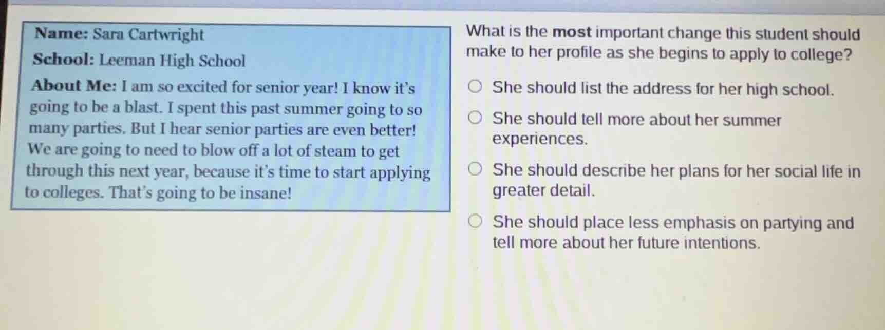 name: sara cartwright school: leeman high school about me: i am so exci…