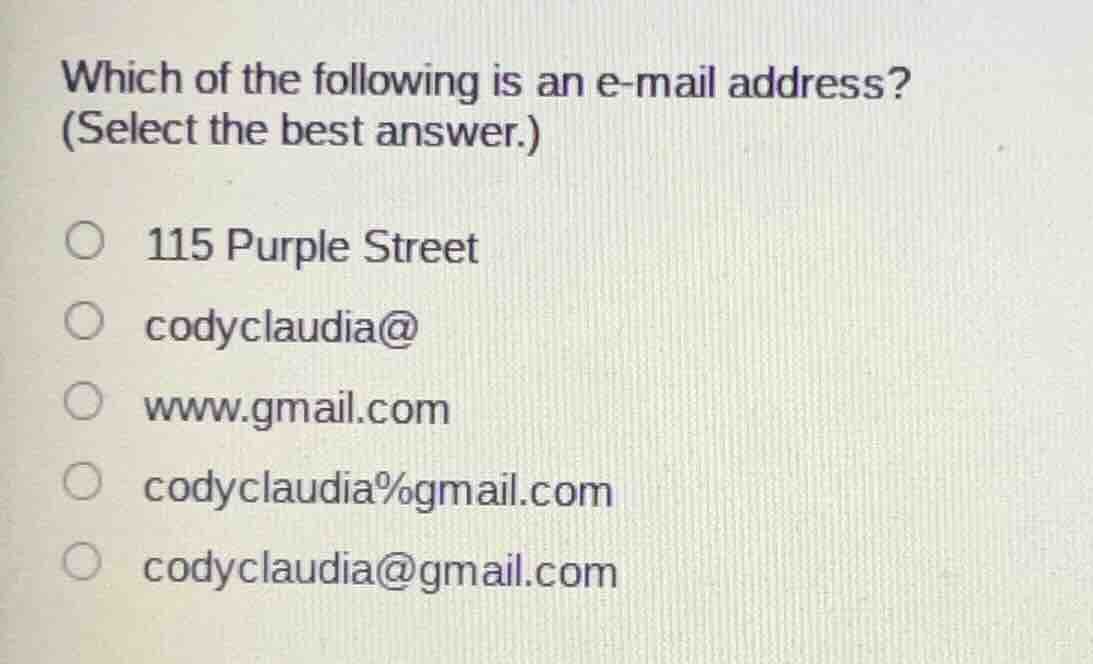 which of the following is an e-mail address? (select the best answer.) …