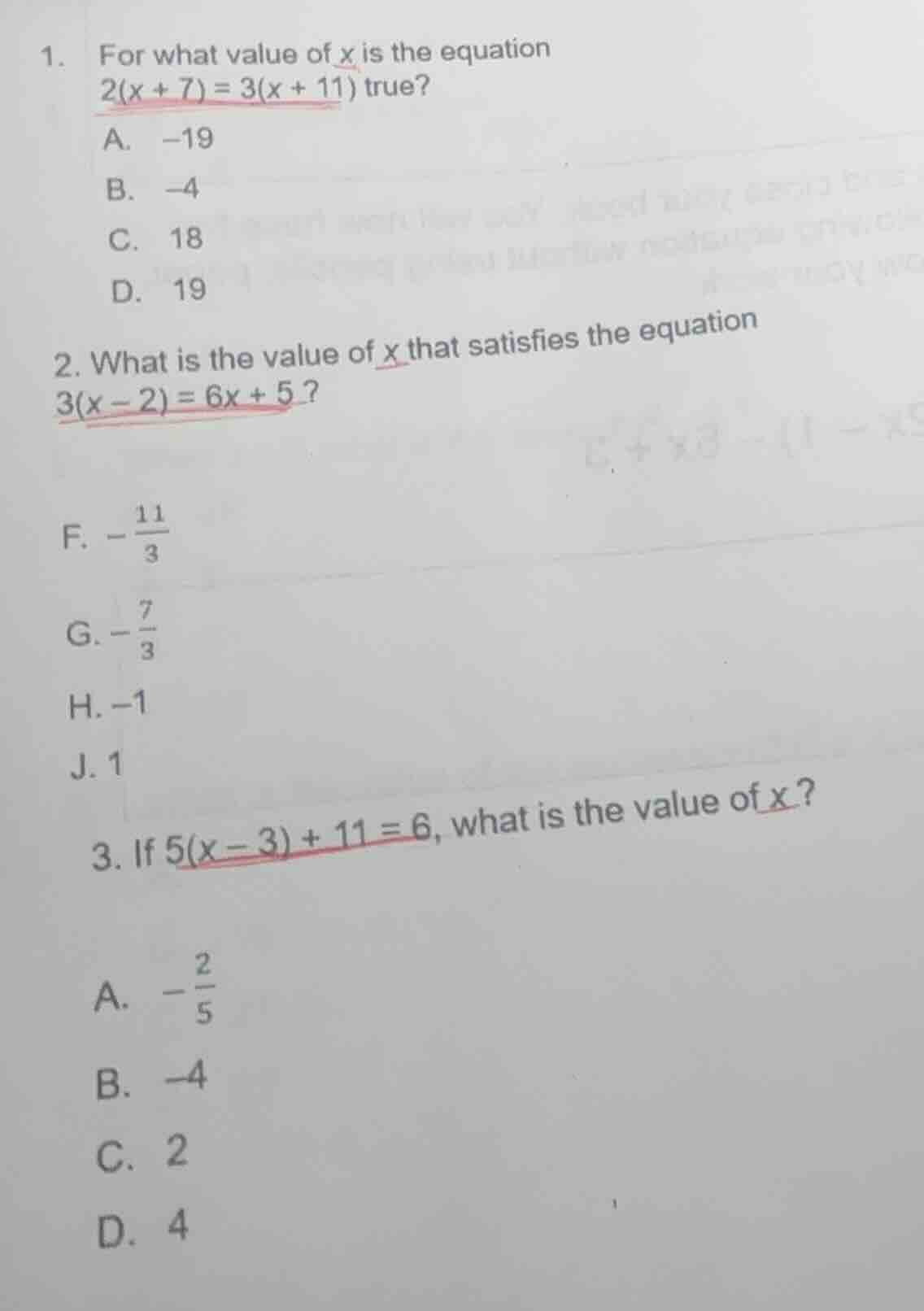 1. for what value of x is the equation 2(x + 7) = 3(x + 11) true? a. -1…