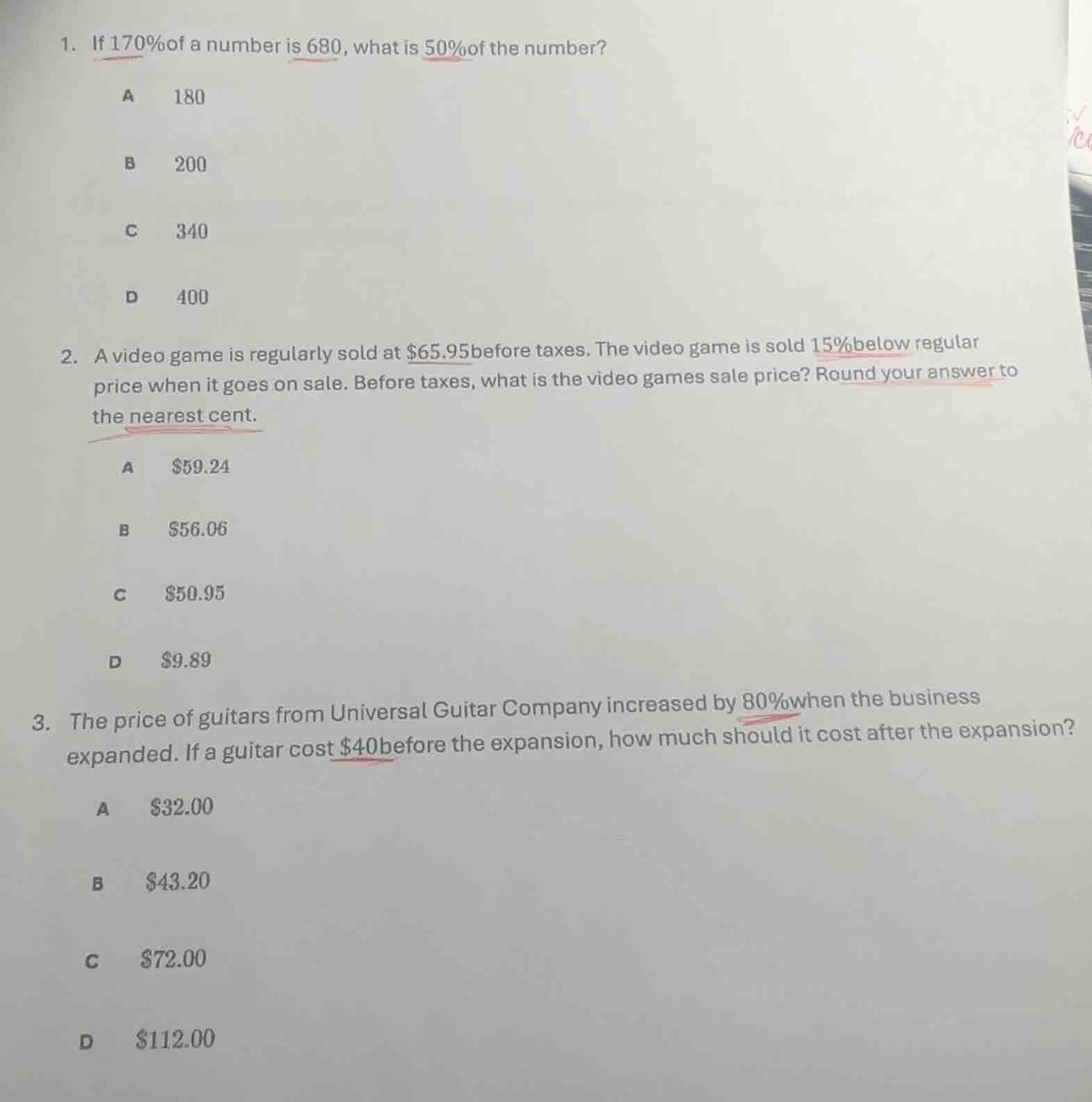 1. if 170%of a number is 680, what is 50%of the number? a 180 b 200 c 3…