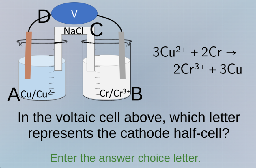 3cu²⁺ + 2cr → 2cr³⁺ + 3cu in the voltaic cell above, which letter represents the cathode half - cell? enter the answer choice letter.