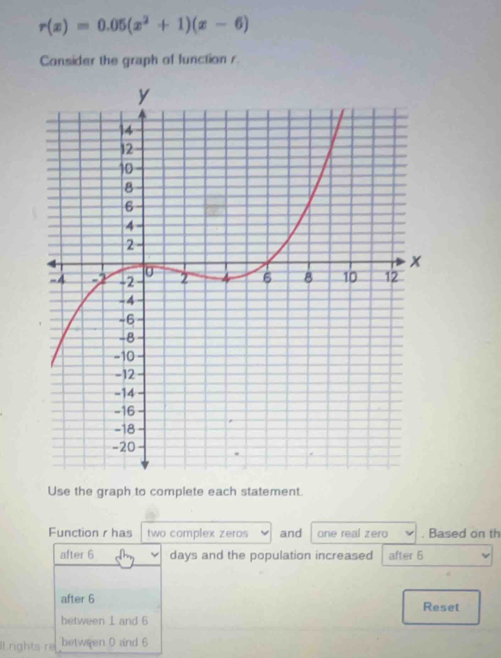 r(x) = 0.05(x² + 1)(x - 6) consider the graph of function r. use the gr…