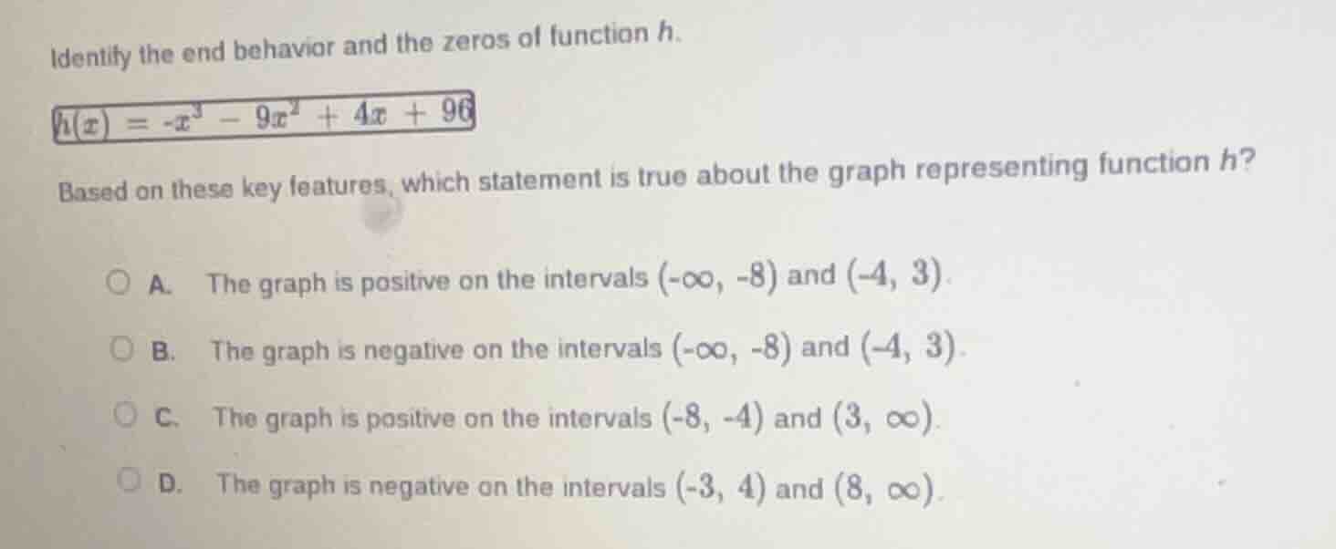 identify the end behavior and the zeros of function h.\\(h(x) = -x^3 - …