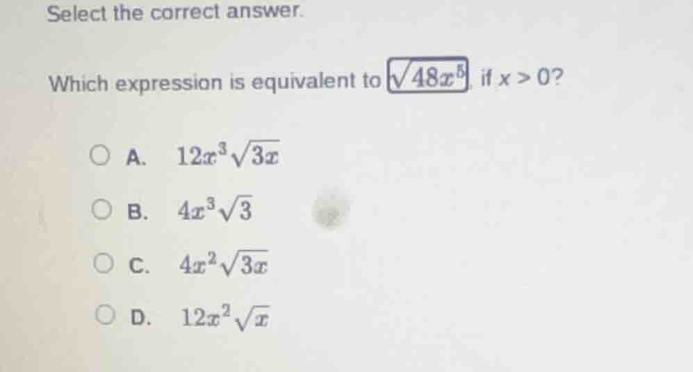 select the correct answer. which expression is equivalent to \\(sqrt{48…