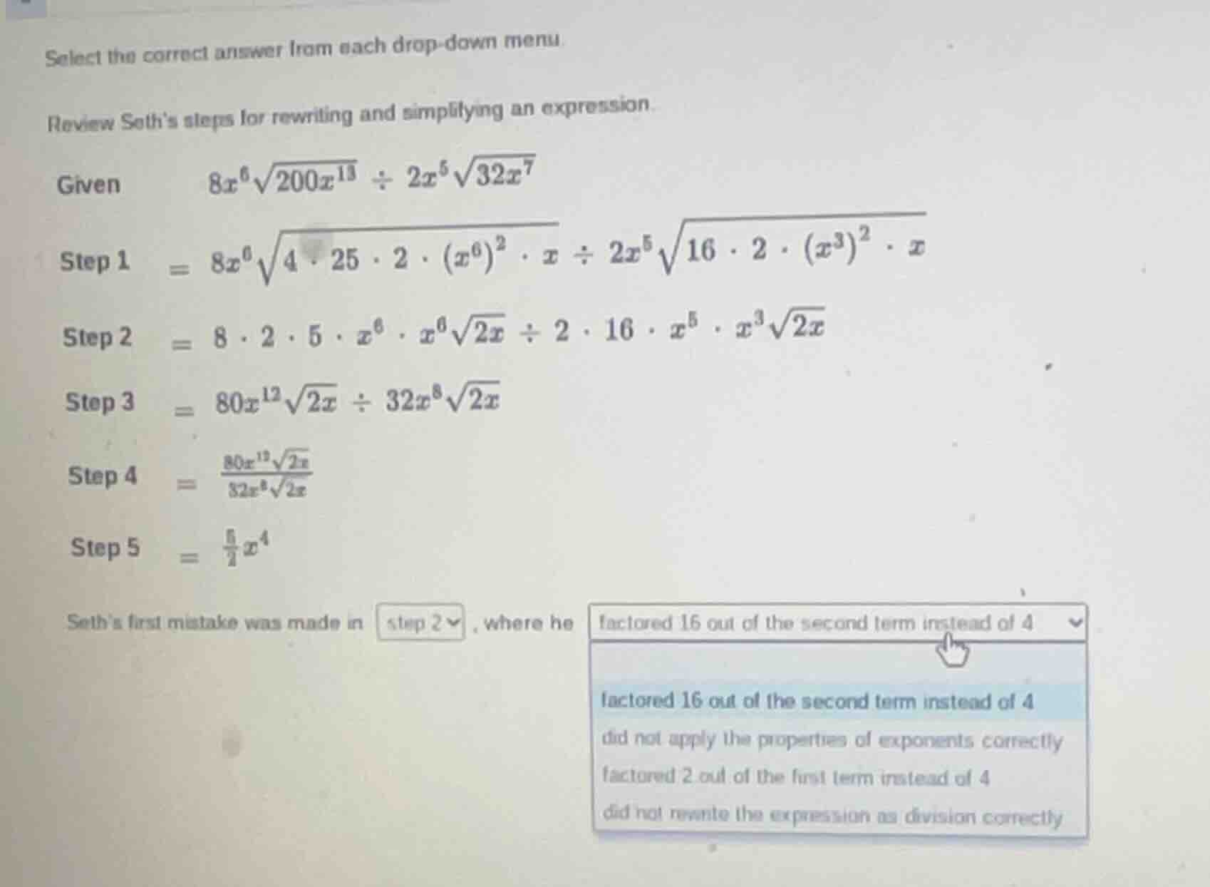 select the correct answer from each drop - down menu. review seths step…