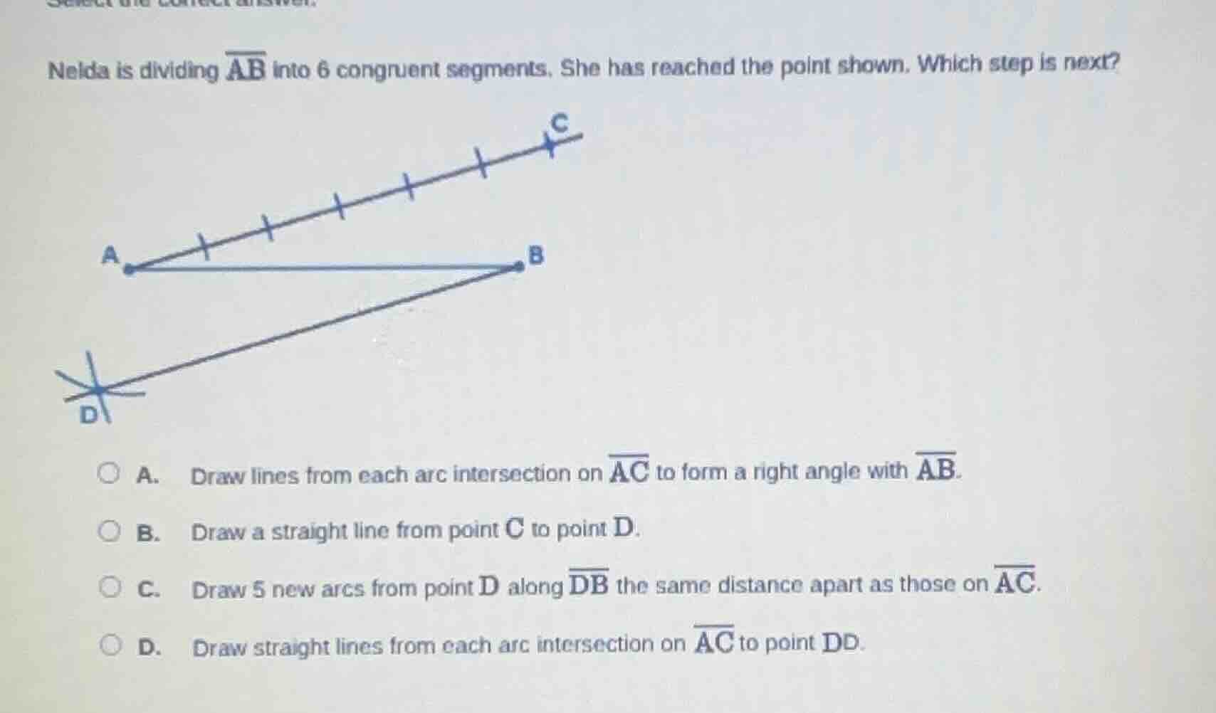 nelda is dividing \\(\\overline{ab}\\) into 6 congruent segments. she h…