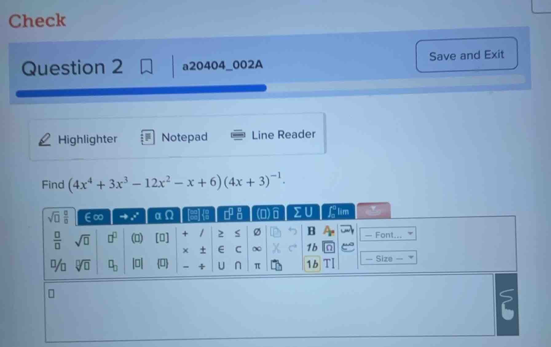 find ((4x^4 + 3x^3 - 12x^2 - x + 6)(4x + 3)^{-1}).