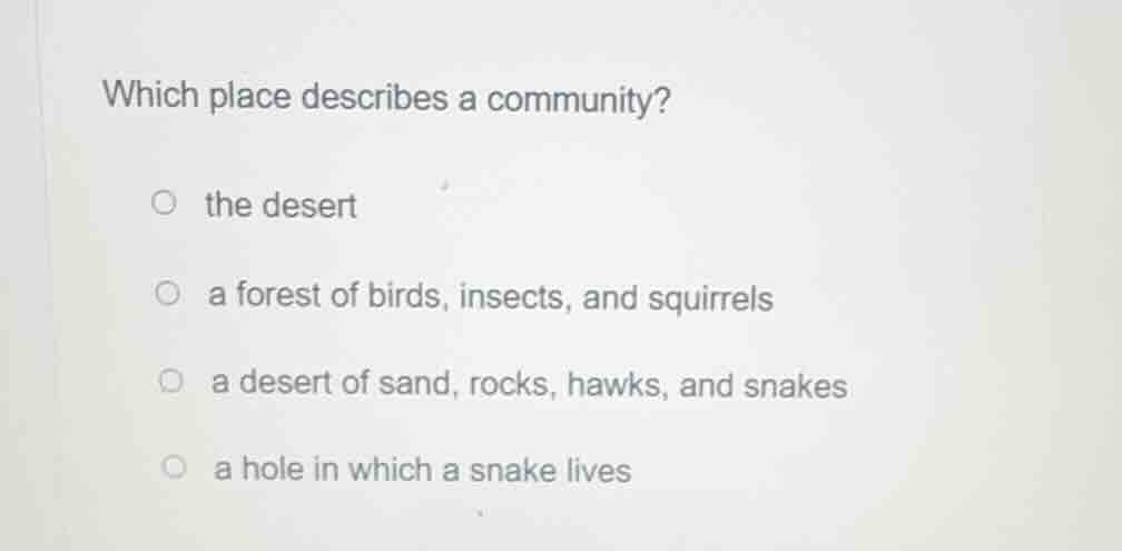 which place describes a community? the desert a forest of birds, insect…