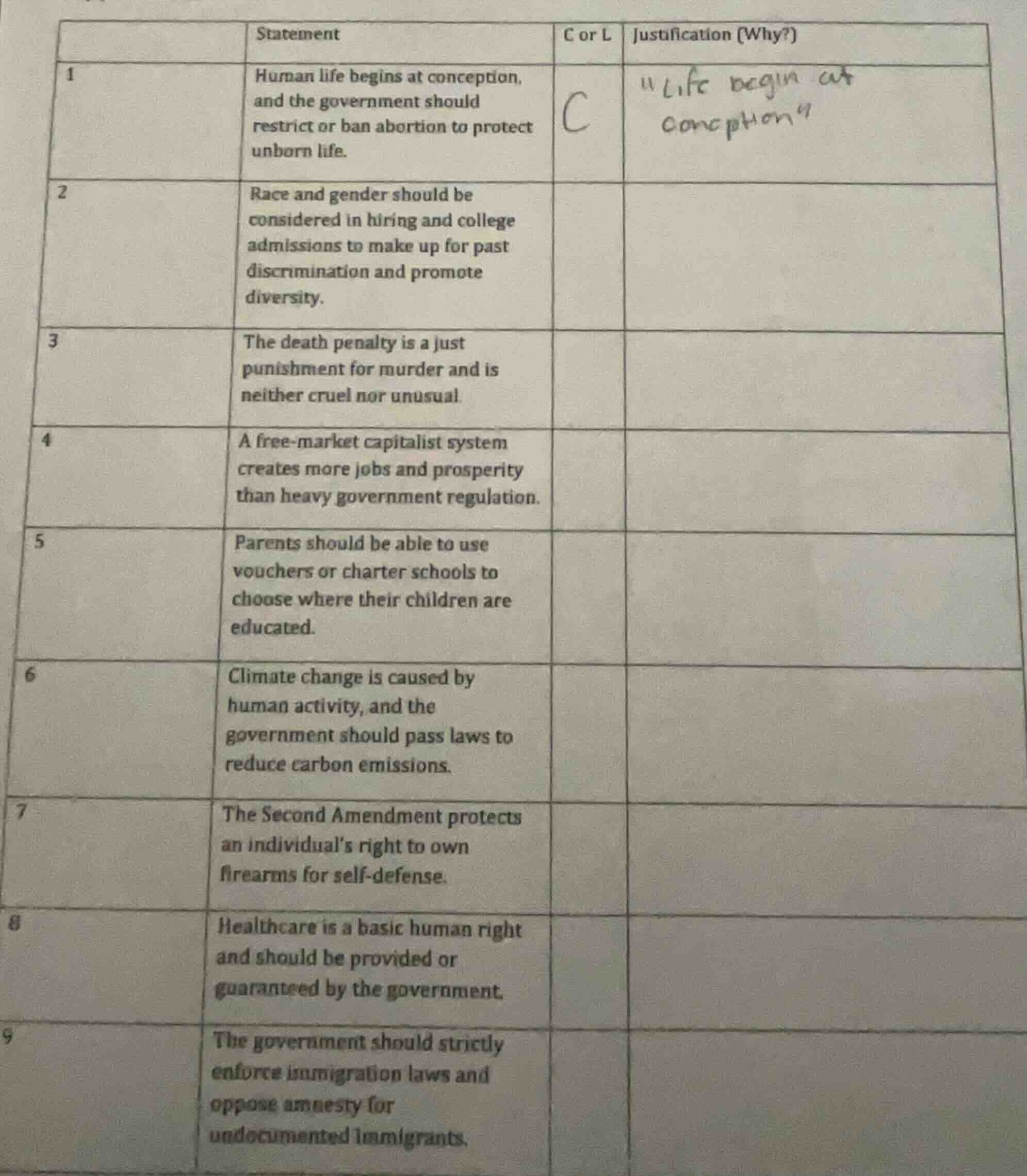 | | statement | c or l | justification (why?) | | --- | --- | --- | ---…