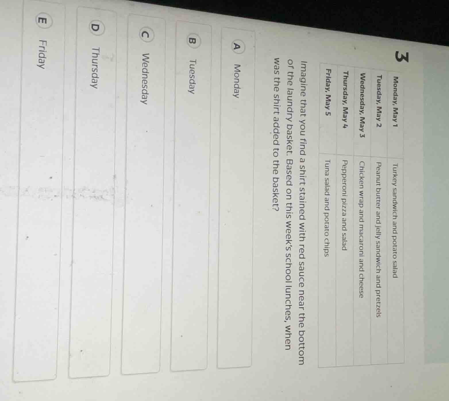 3 monday, may 1: turkey sandwich and potato salad tuesday, may 2: peanu…