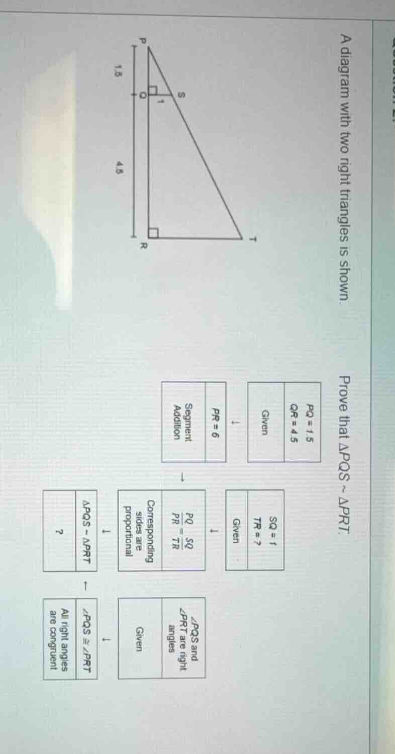 a diagram with two right triangles is shown. prove that $\\triangle pqs…