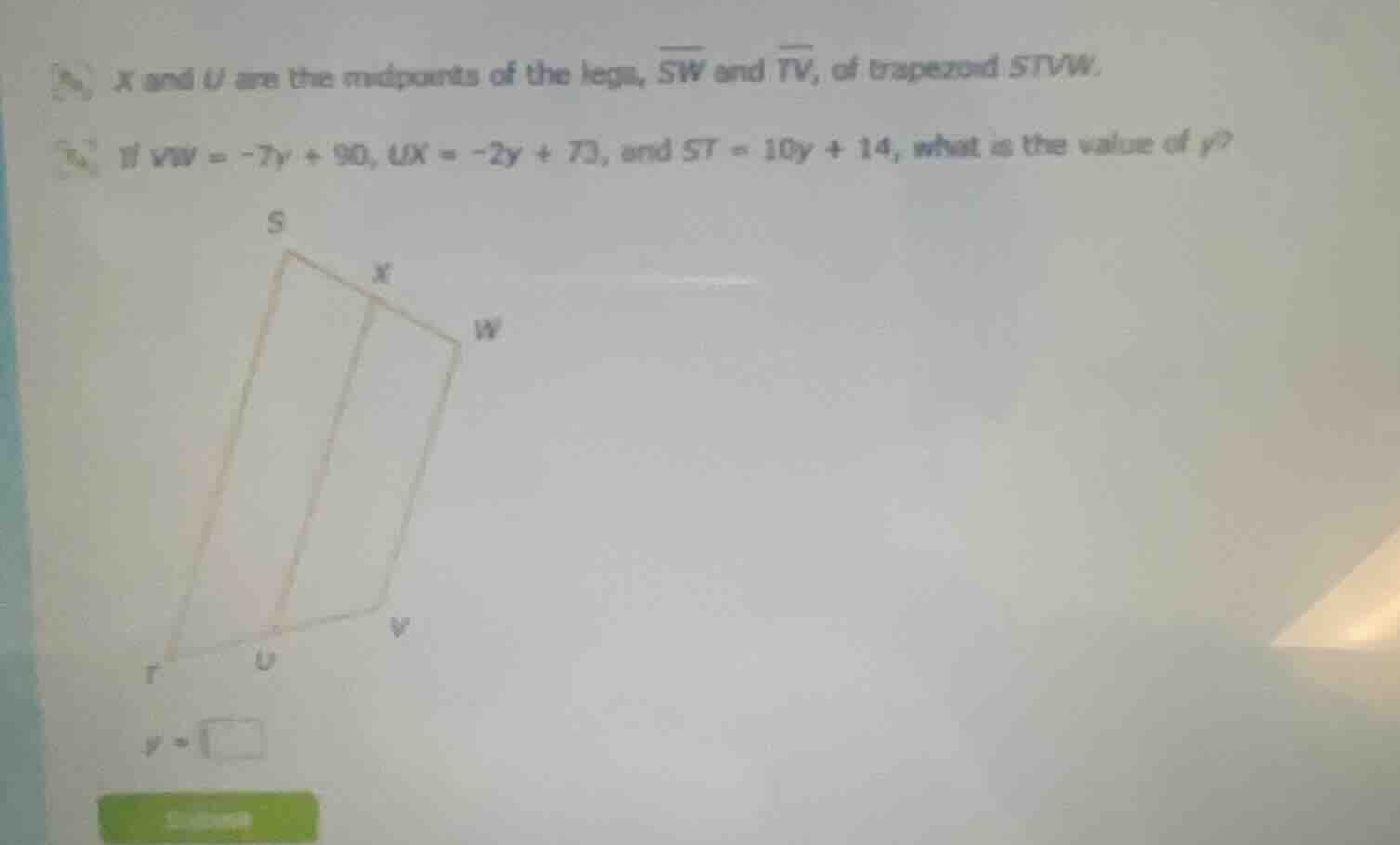 x and u are the midpoints of the legs, \\(\\overline{sw}\\) and \\(\\ov…