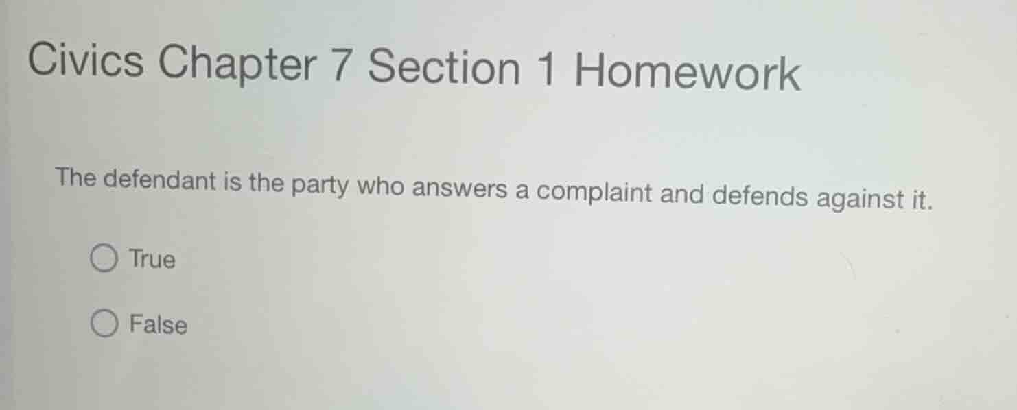 civics chapter 7 section 1 homework the defendant is the party who answ…
