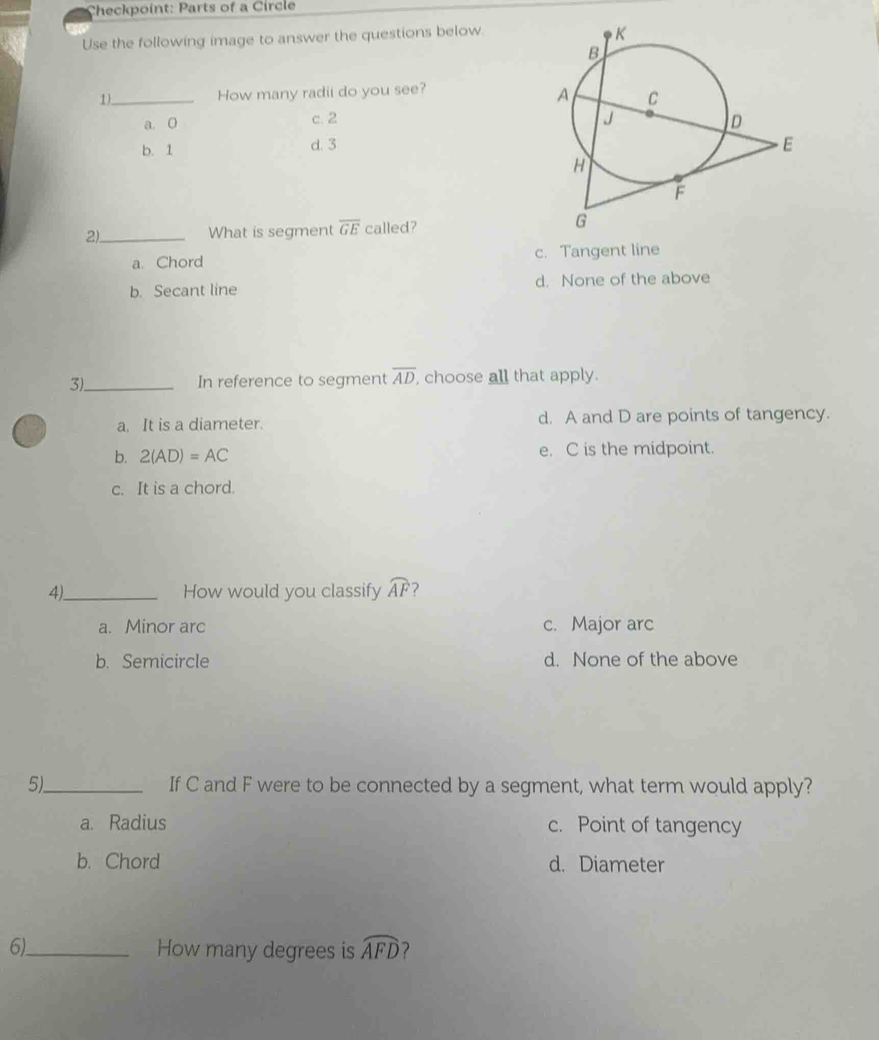 checkpoint: parts of a circle use the following image to answer the que…