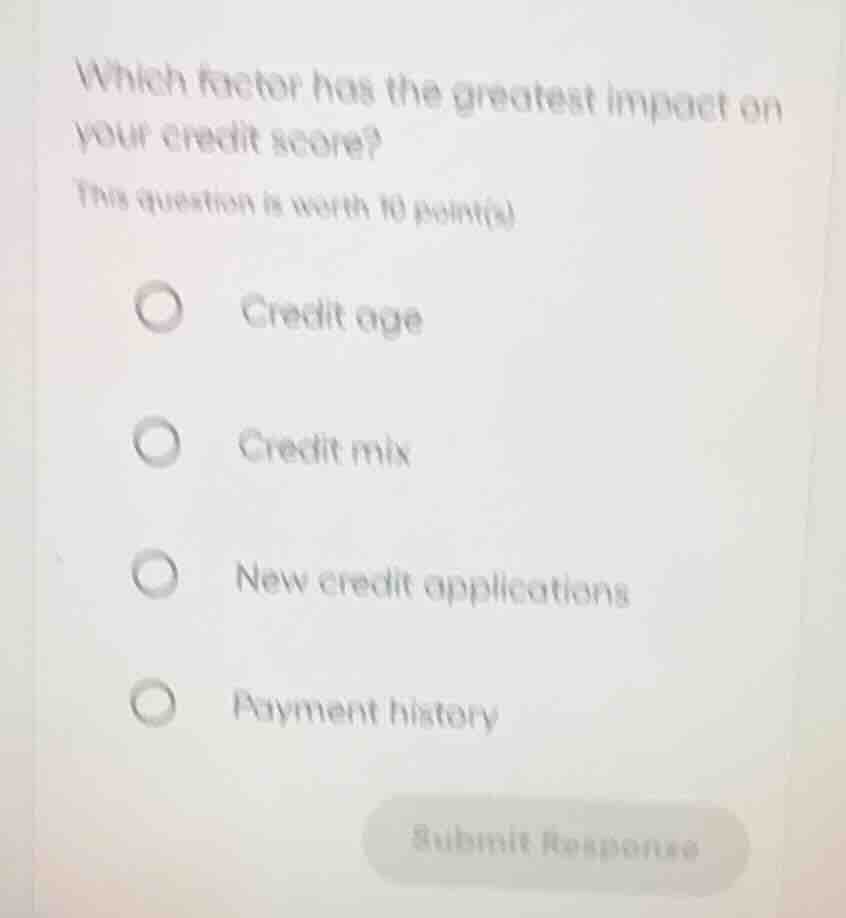 which factor has the greatest impact on your credit score? this questio…
