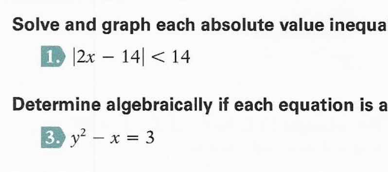 solve and graph each absolute value inequa 1. (|2x - 14| < 14) determin…