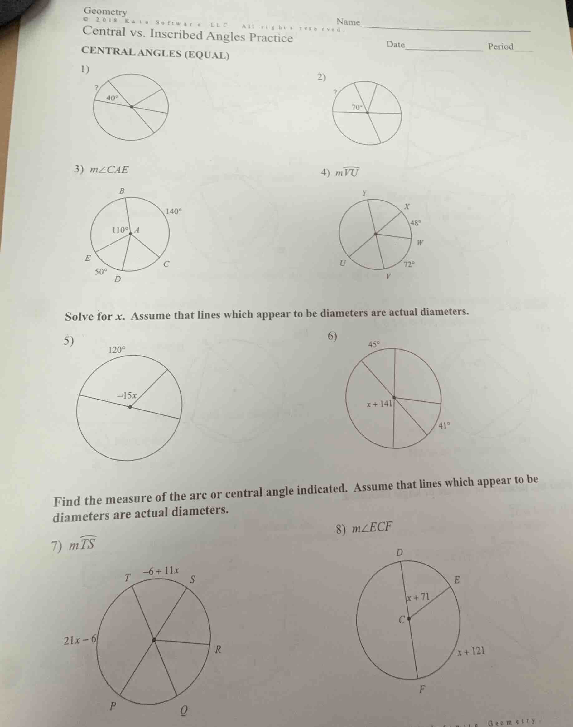 geometry central vs. inscribed angles practice central angles (equal) 1…