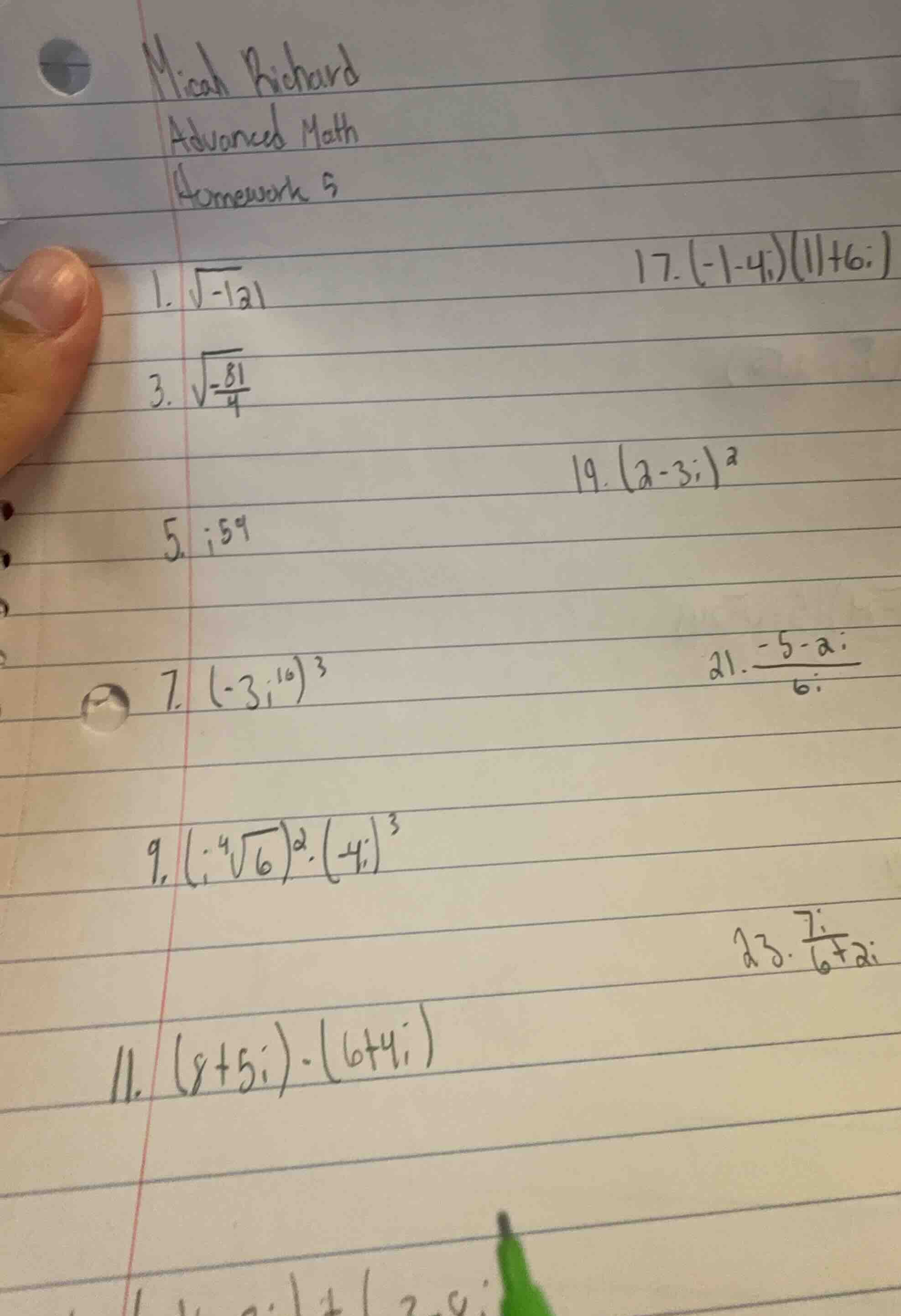 micah richard advanced math homework 5 1. \\(\\sqrt{-121}\\) 17. \\((-1…