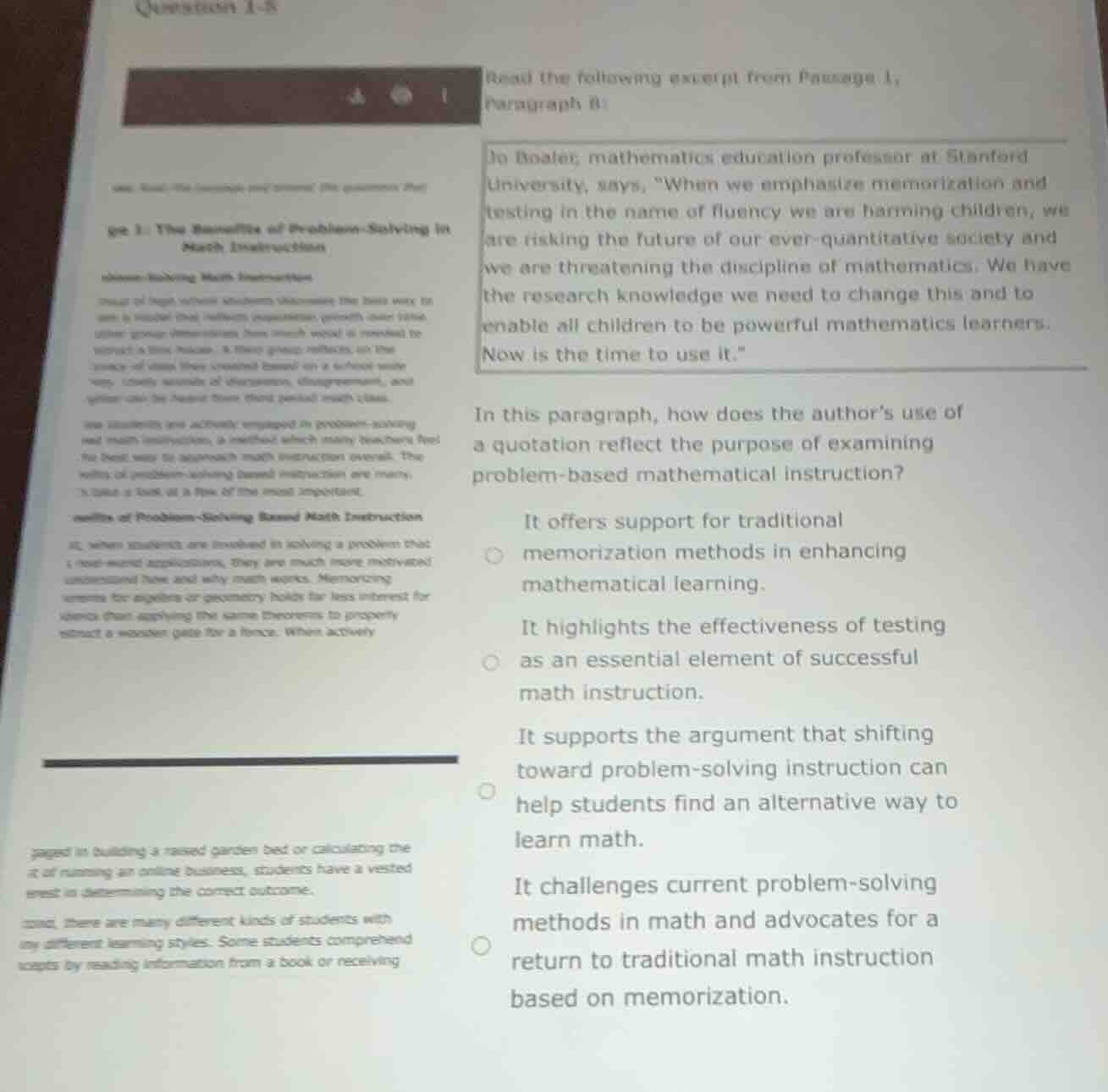read the following excerpt from passage 1, paragraph 8: jo boaler, math…
