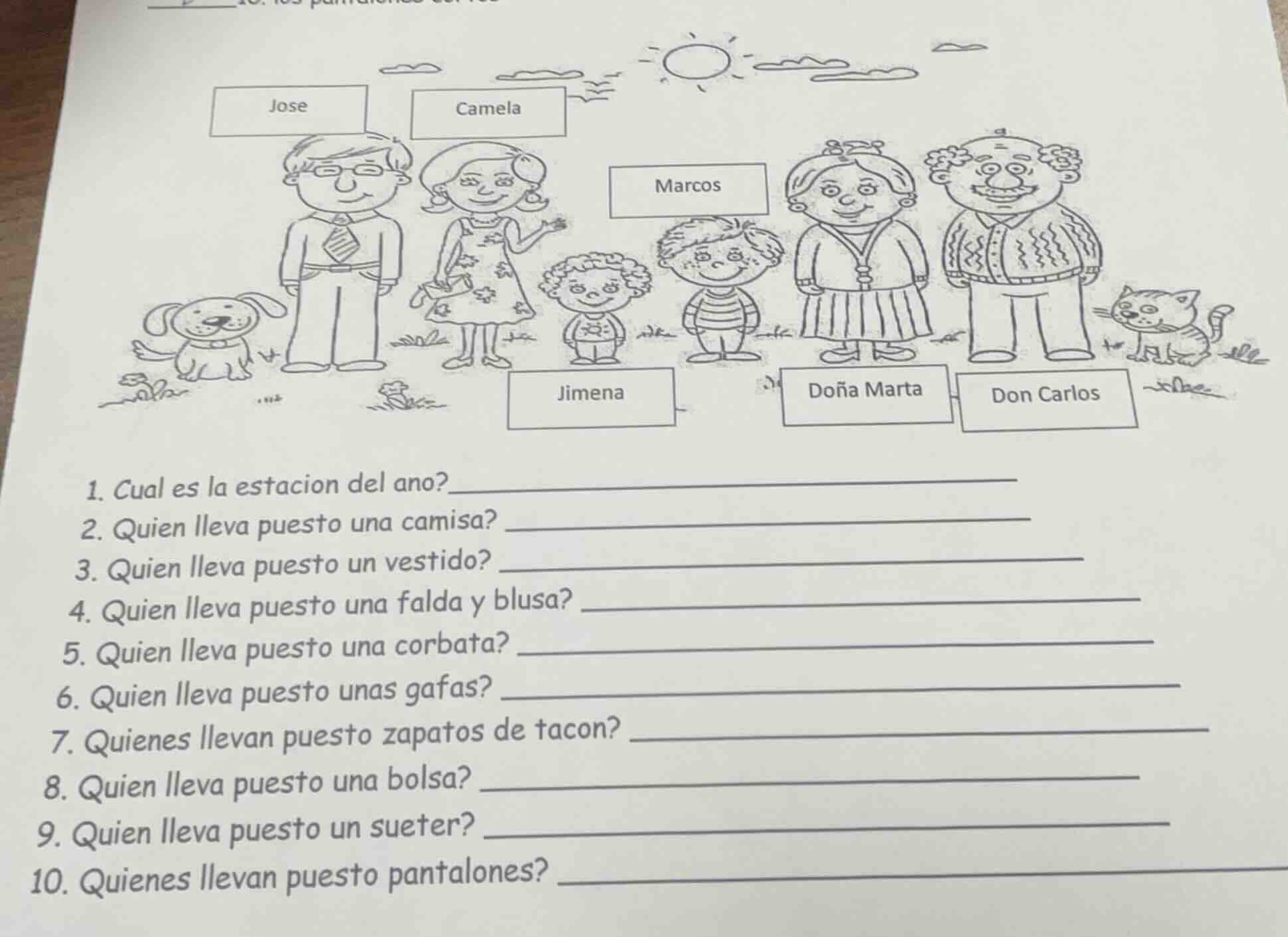 1. cual es la estacion del ano? 2. quien lleva puesto una camisa? 3. qu…